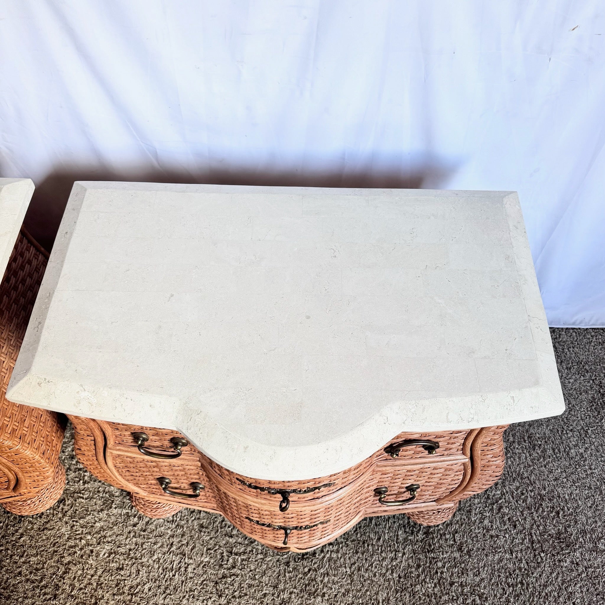 Vintage Boho Chic Tessellated Stone Top Wicker Nightstands by Whitecraft