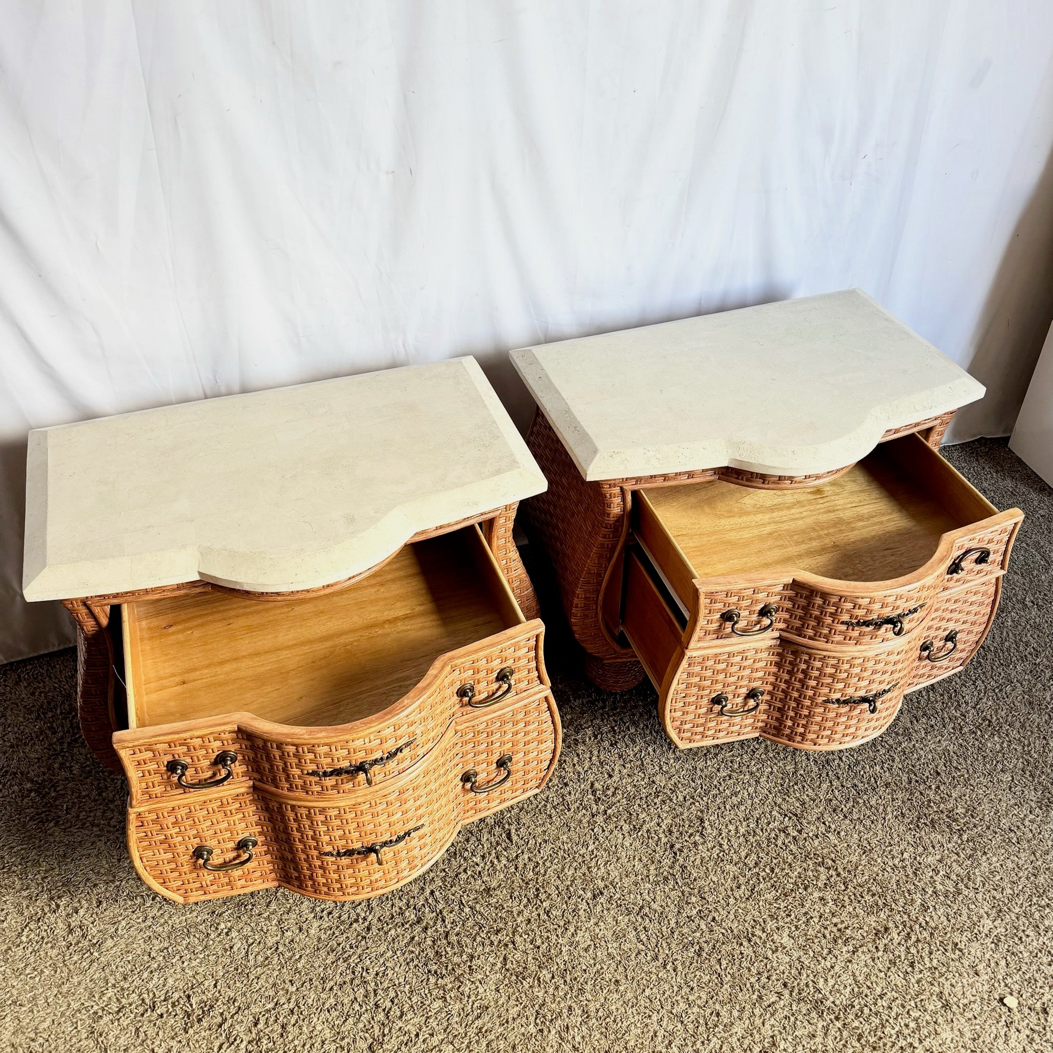 Vintage Boho Chic Tessellated Stone Top Wicker Nightstands by Whitecraft