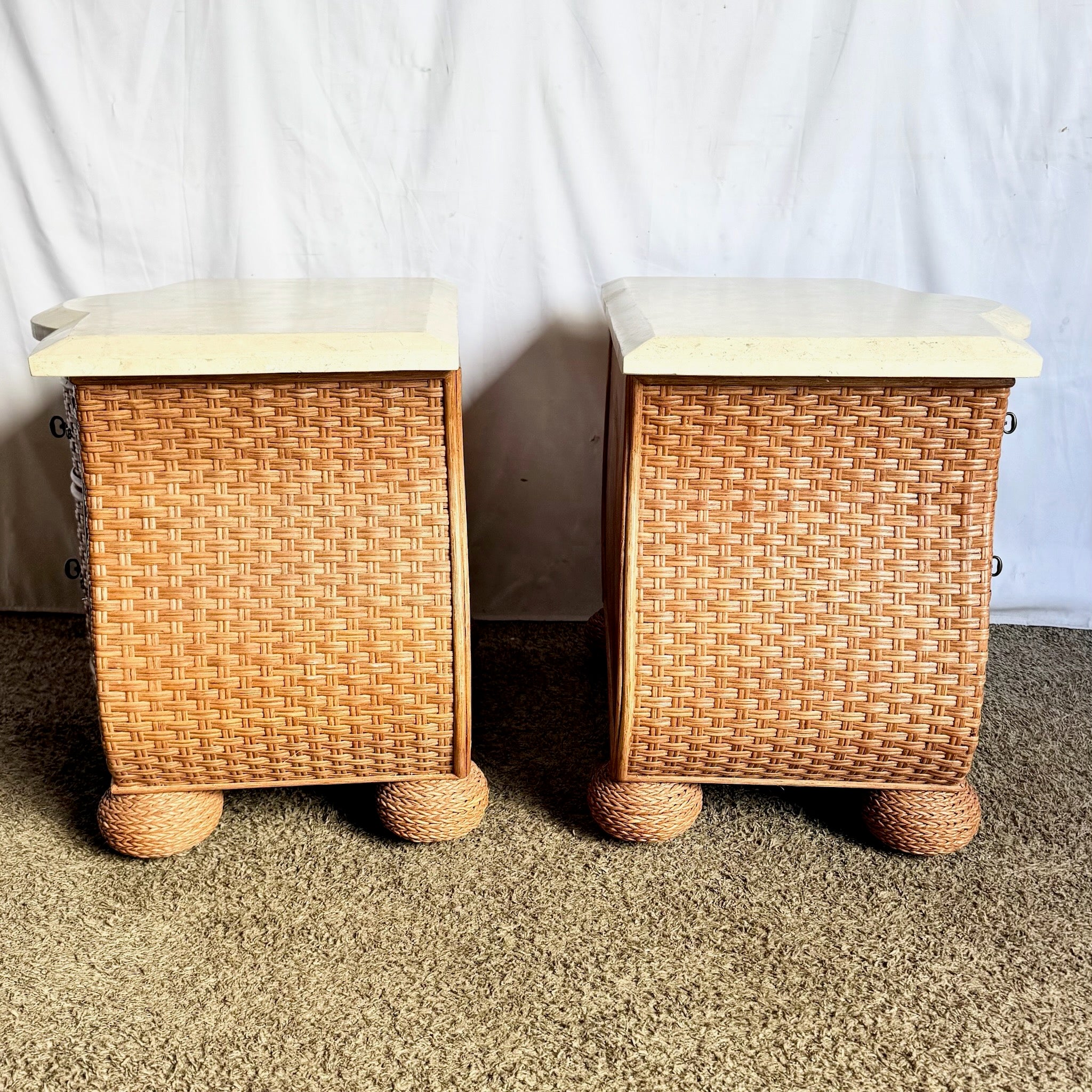 Vintage Boho Chic Tessellated Stone Top Wicker Nightstands by Whitecraft