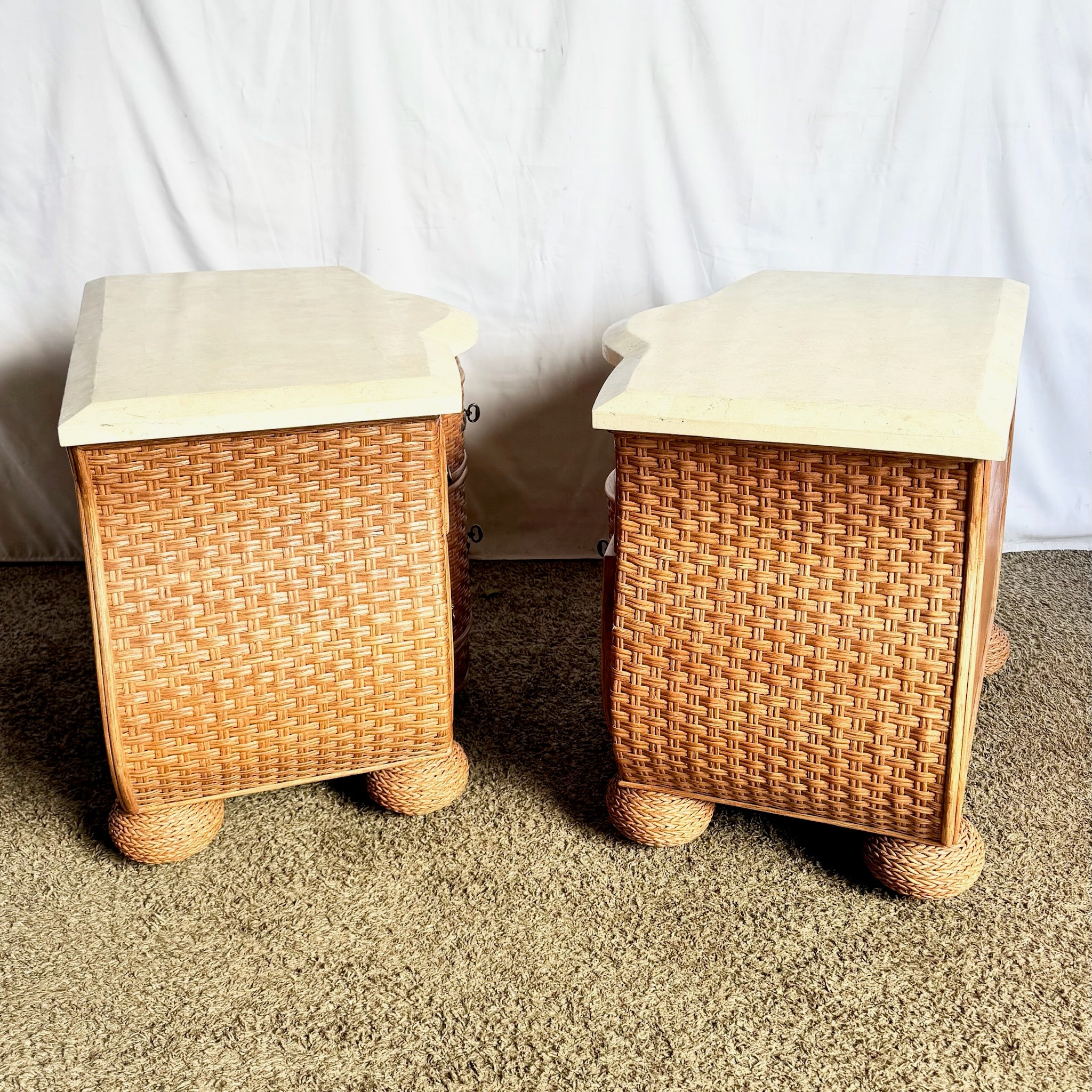 Vintage Boho Chic Tessellated Stone Top Wicker Nightstands by Whitecraft