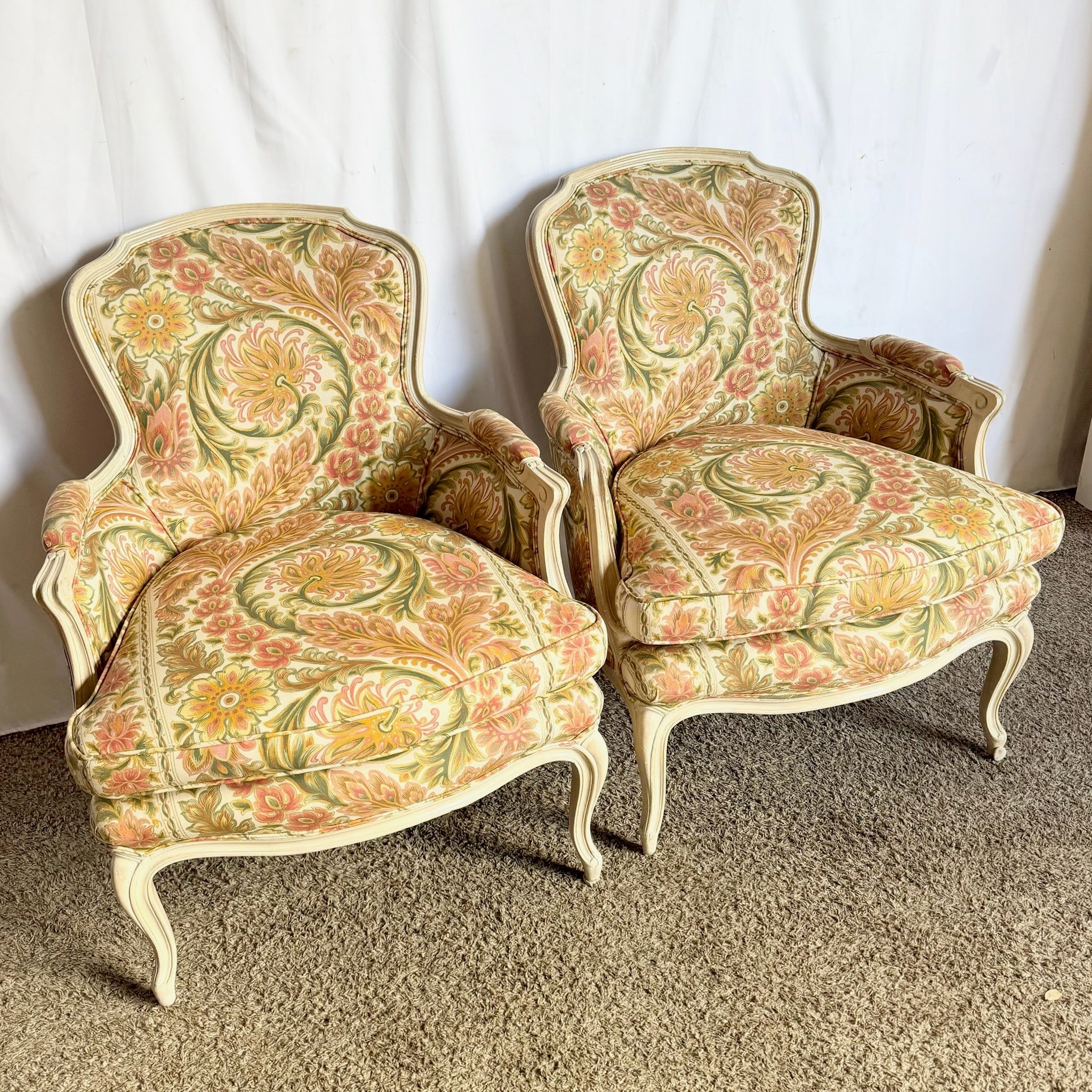 French Provincial Upholstered Floral Wooden Lounge Chairs - A Pair