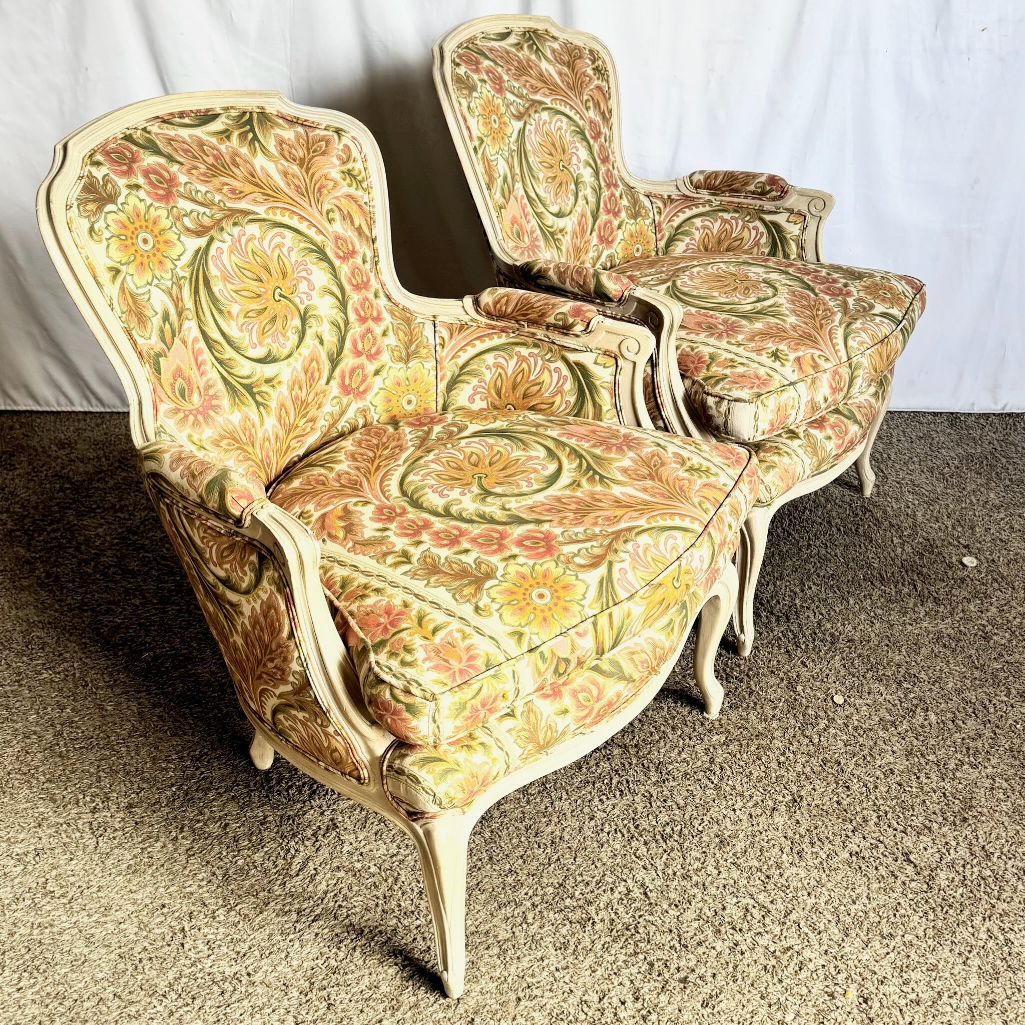 French Provincial Upholstered Floral Wooden Lounge Chairs - A Pair