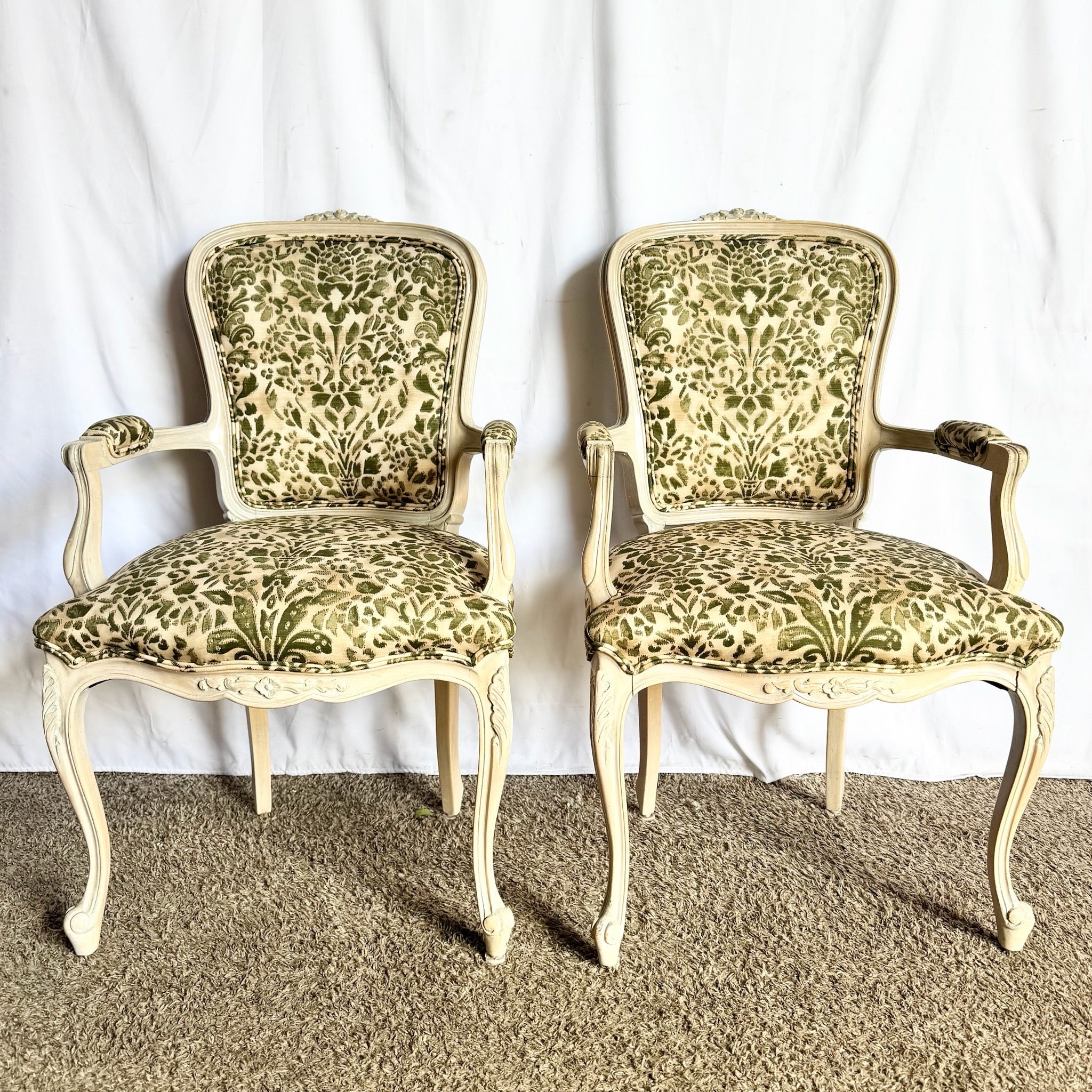French Provincial Style Foliage Patterned Arm Chairs - A Pair