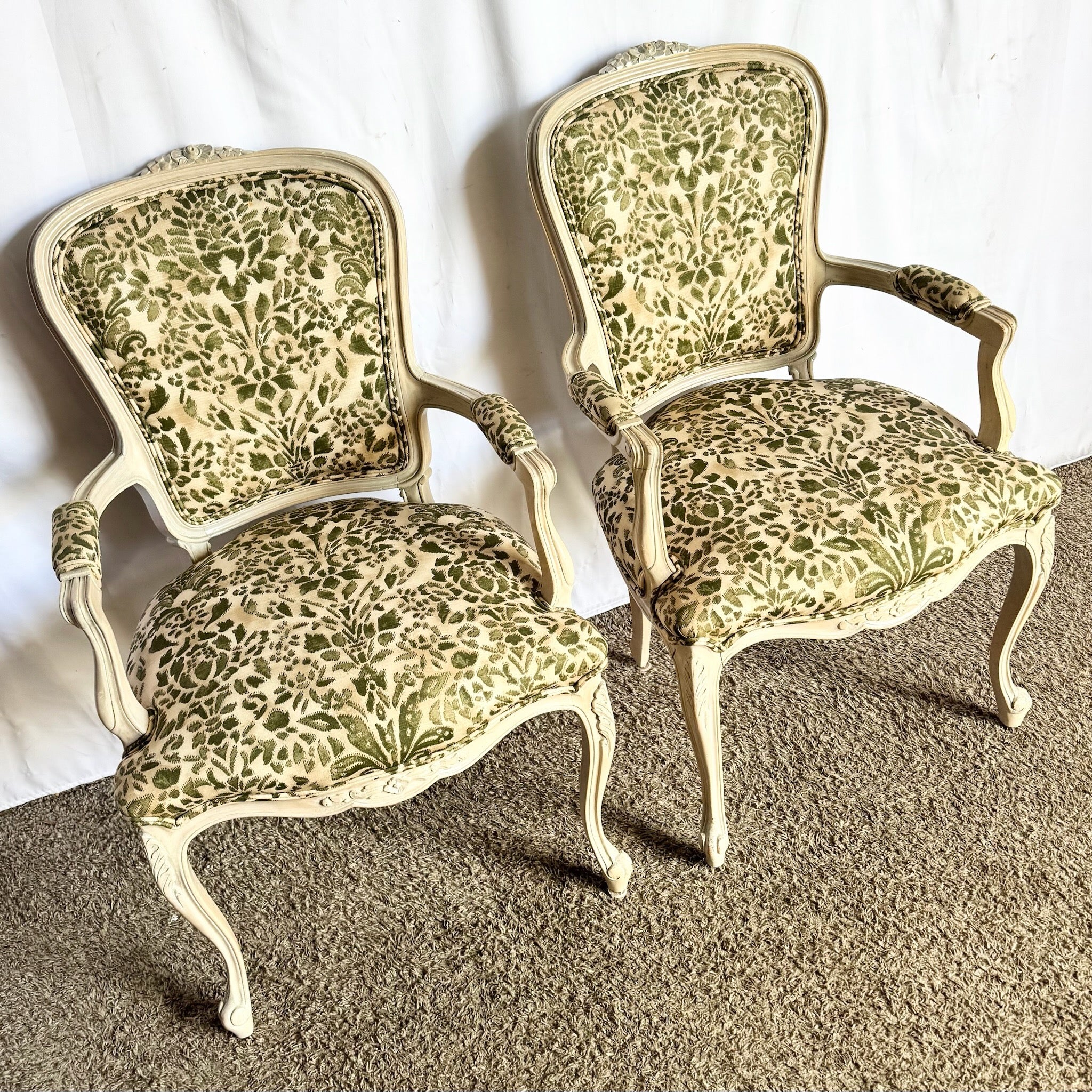 French Provincial Style Foliage Patterned Arm Chairs - A Pair