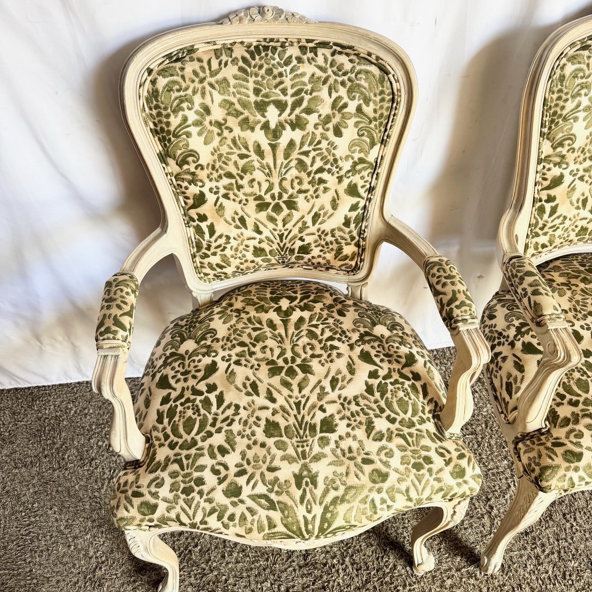 French Provincial Style Foliage Patterned Arm Chairs - A Pair