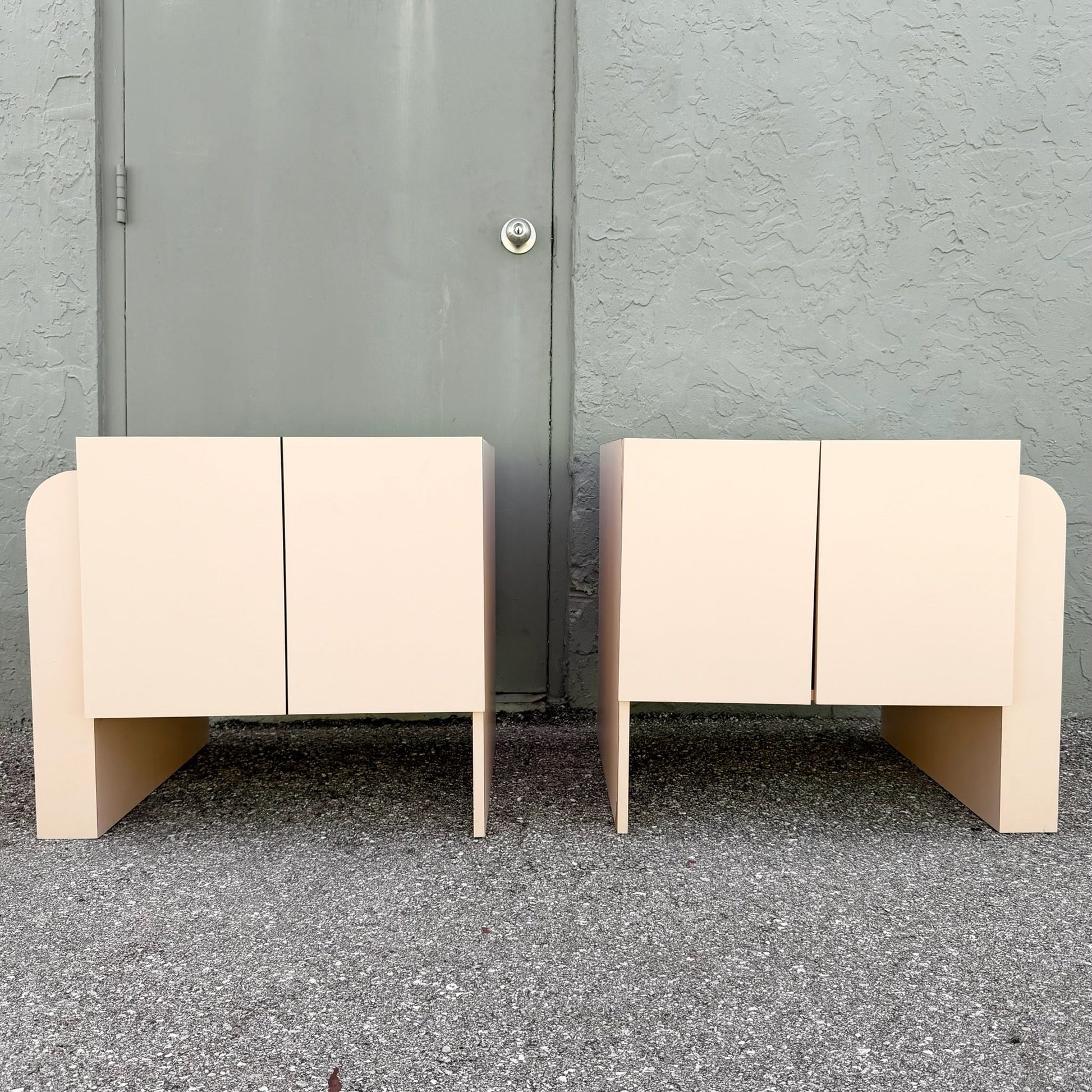 Art Deco Pink Laminate Waterfall Cabinet/Nightstands - A Pair Dolphin & Flamingo