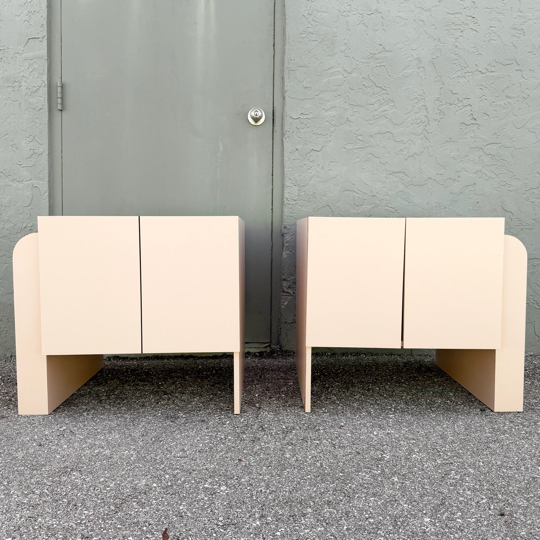 Art Deco Pink Laminate Waterfall Cabinet/Nightstands - A Pair Dolphin & Flamingo