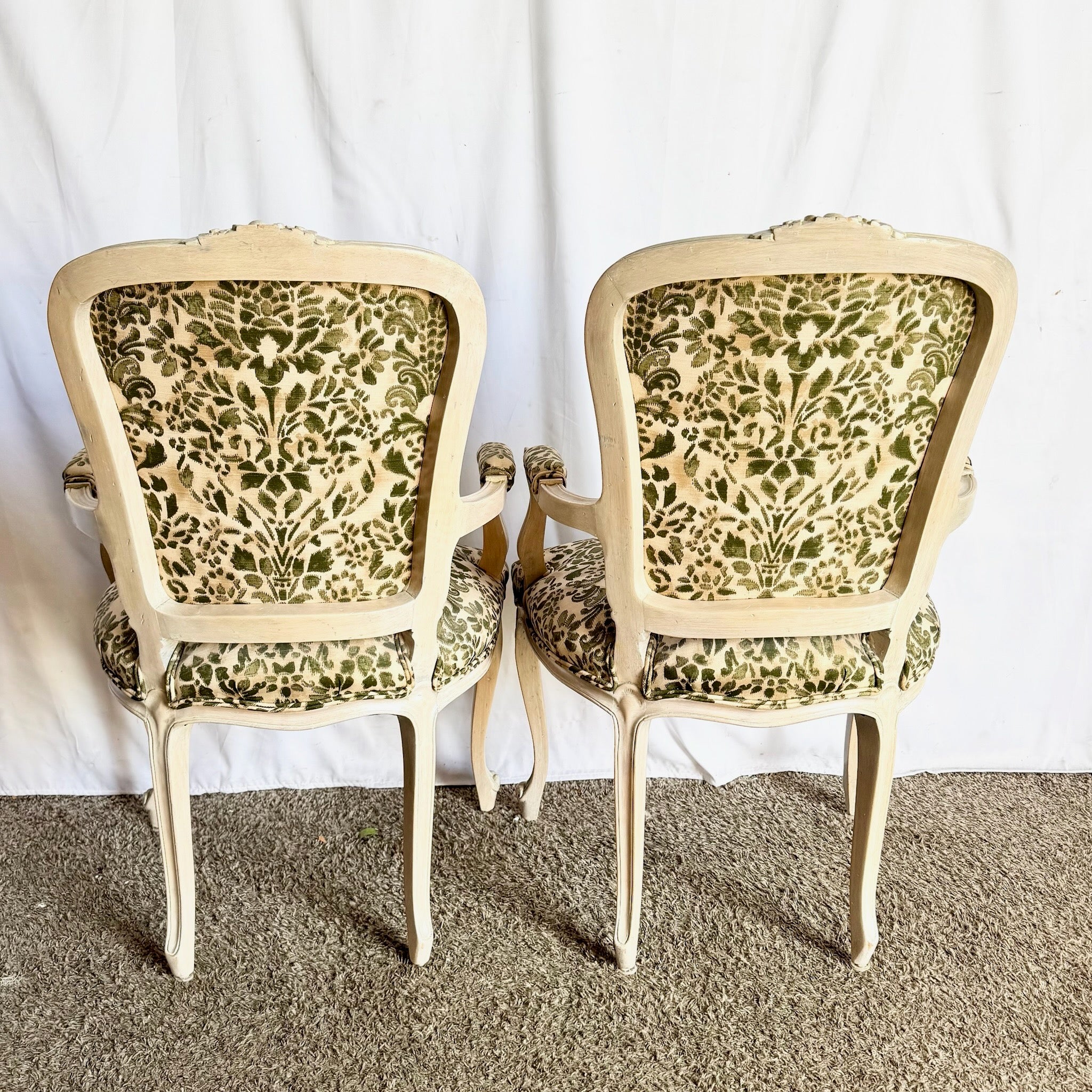 French Provincial Style Foliage Patterned Arm Chairs - A Pair