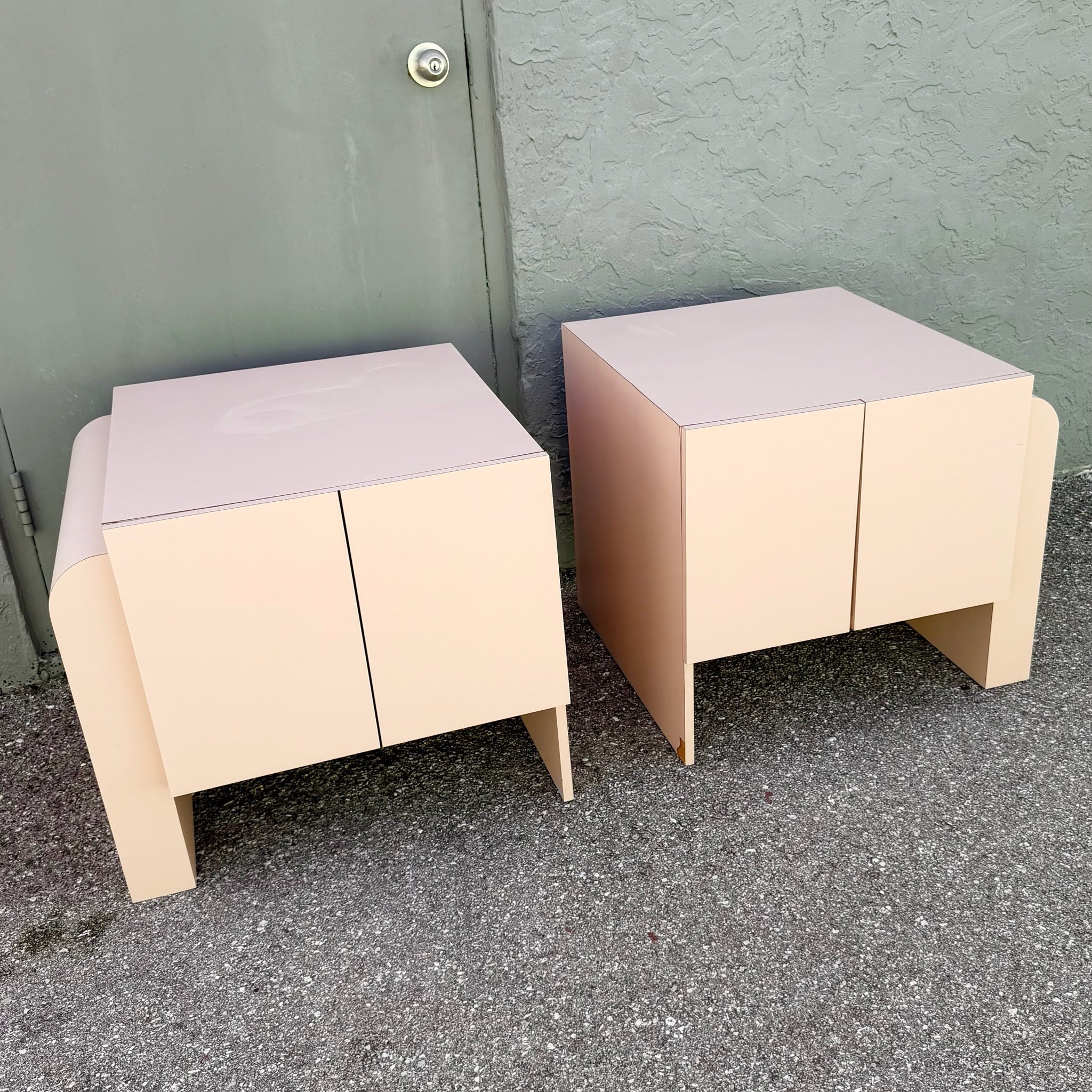 Art Deco Pink Laminate Waterfall Cabinet/Nightstands - A Pair Dolphin & Flamingo