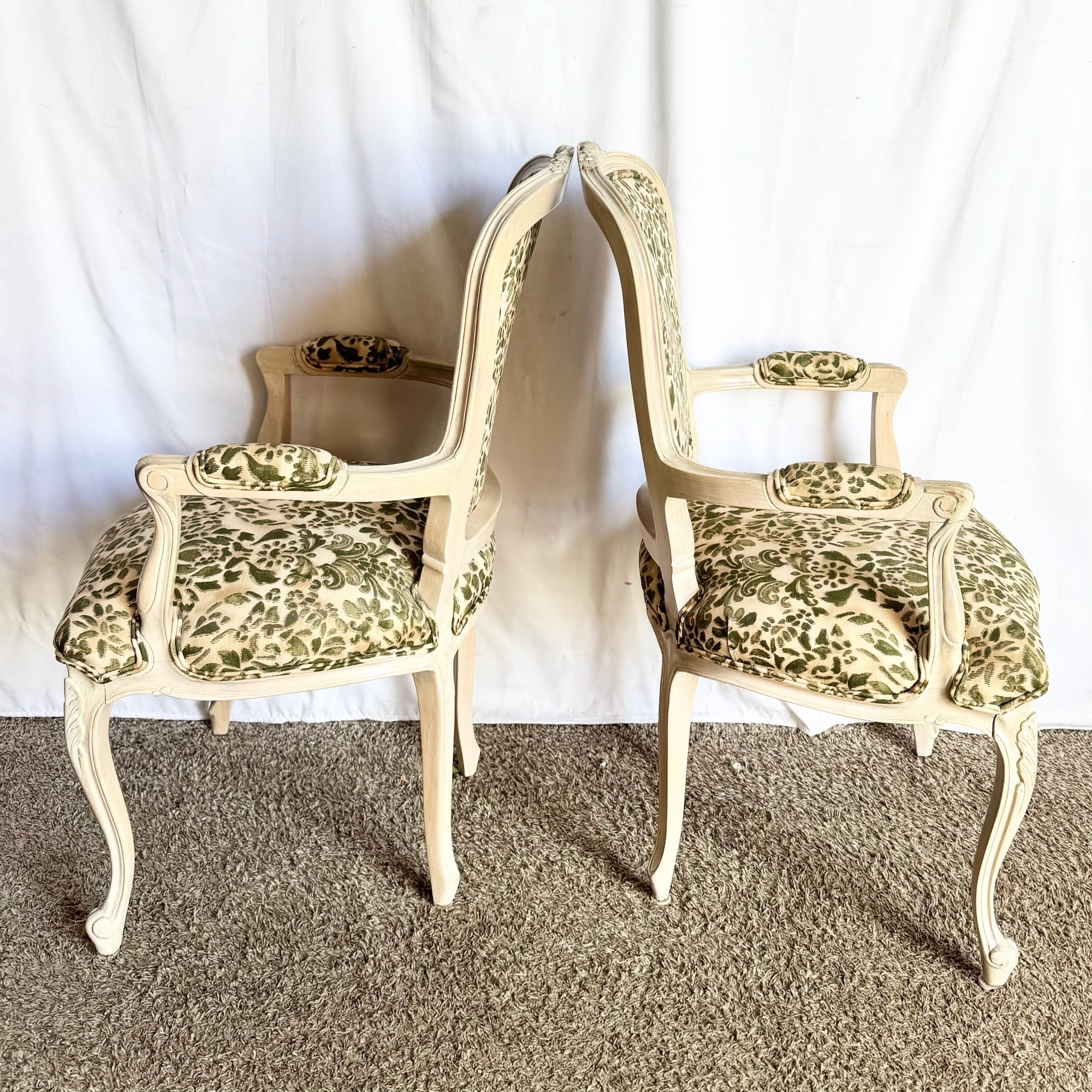 French Provincial Style Foliage Patterned Arm Chairs - A Pair