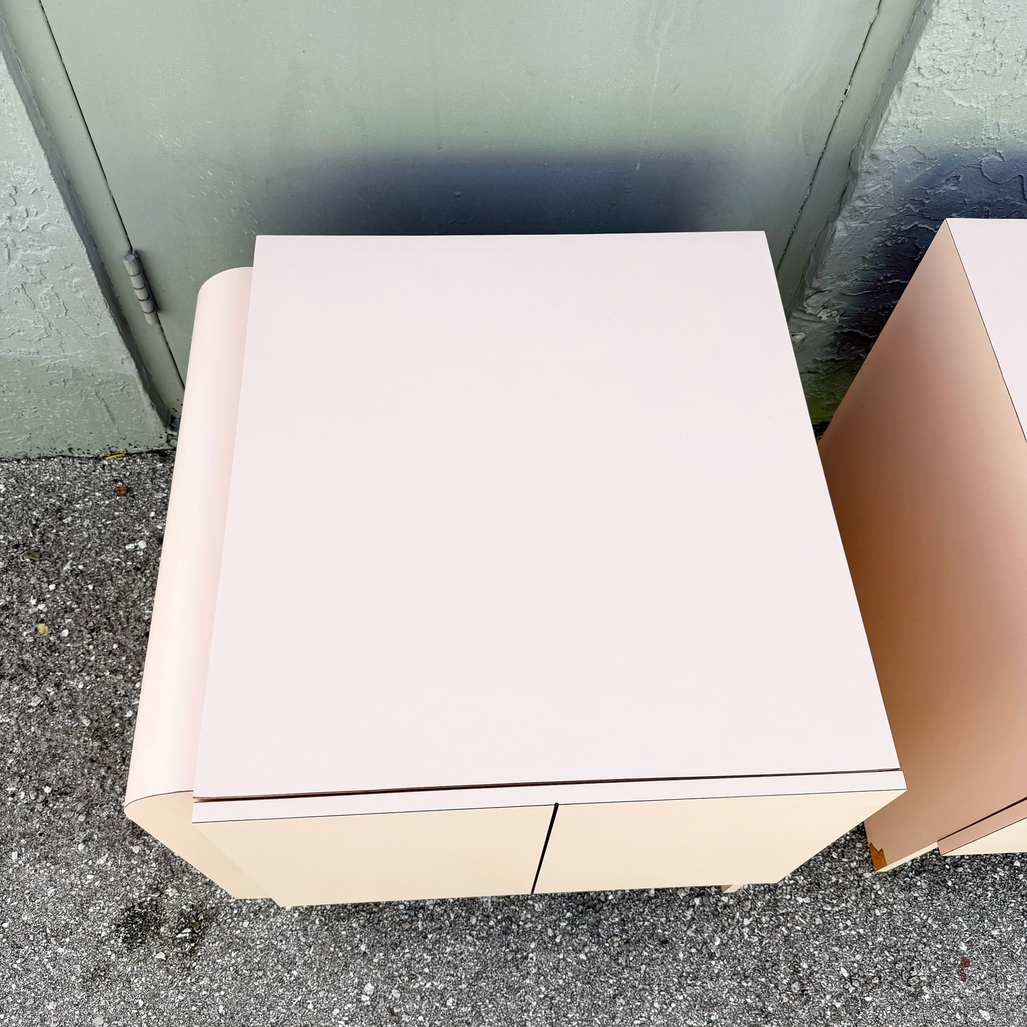 Art Deco Pink Laminate Waterfall Cabinet/Nightstands - A Pair Dolphin & Flamingo