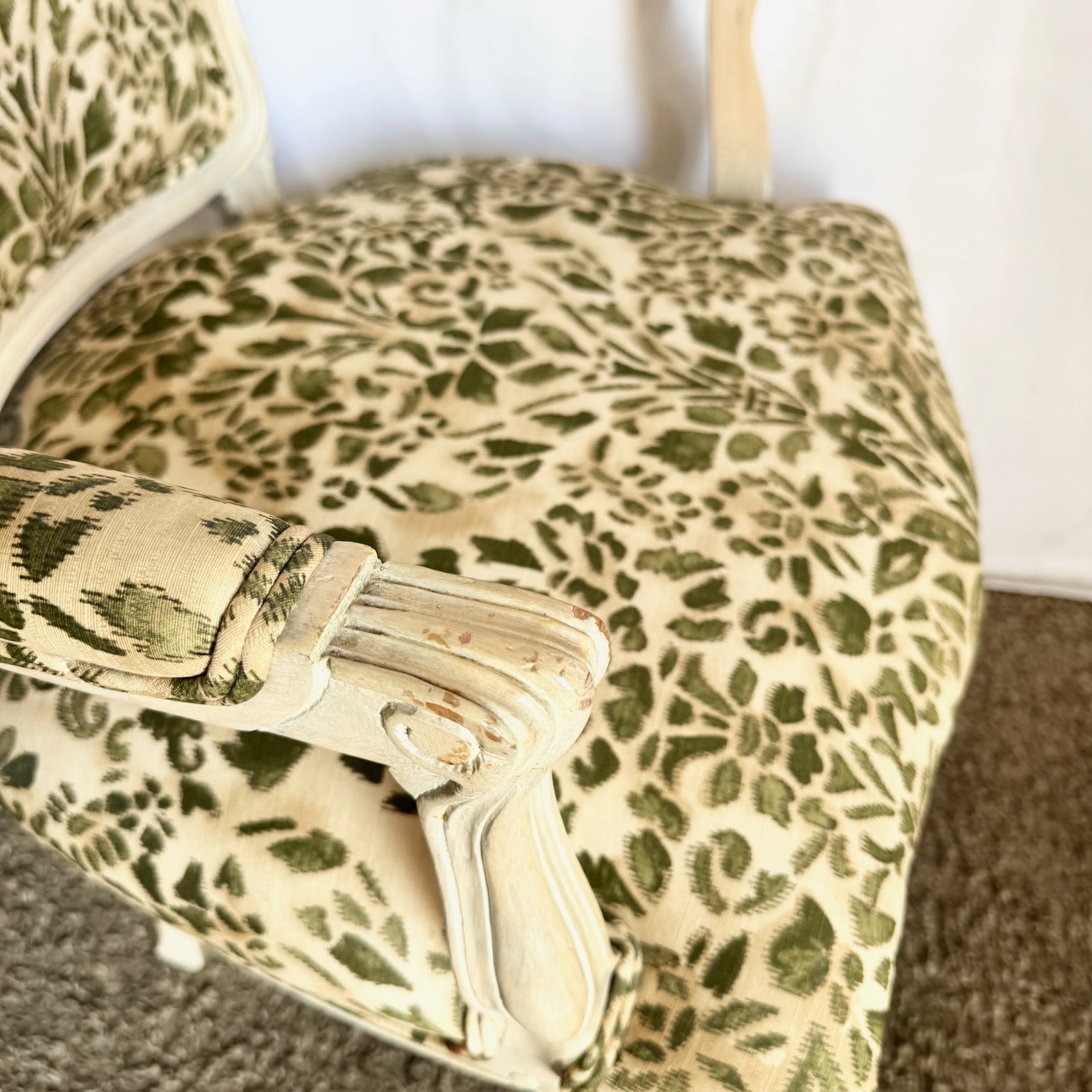 French Provincial Style Foliage Patterned Arm Chairs - A Pair