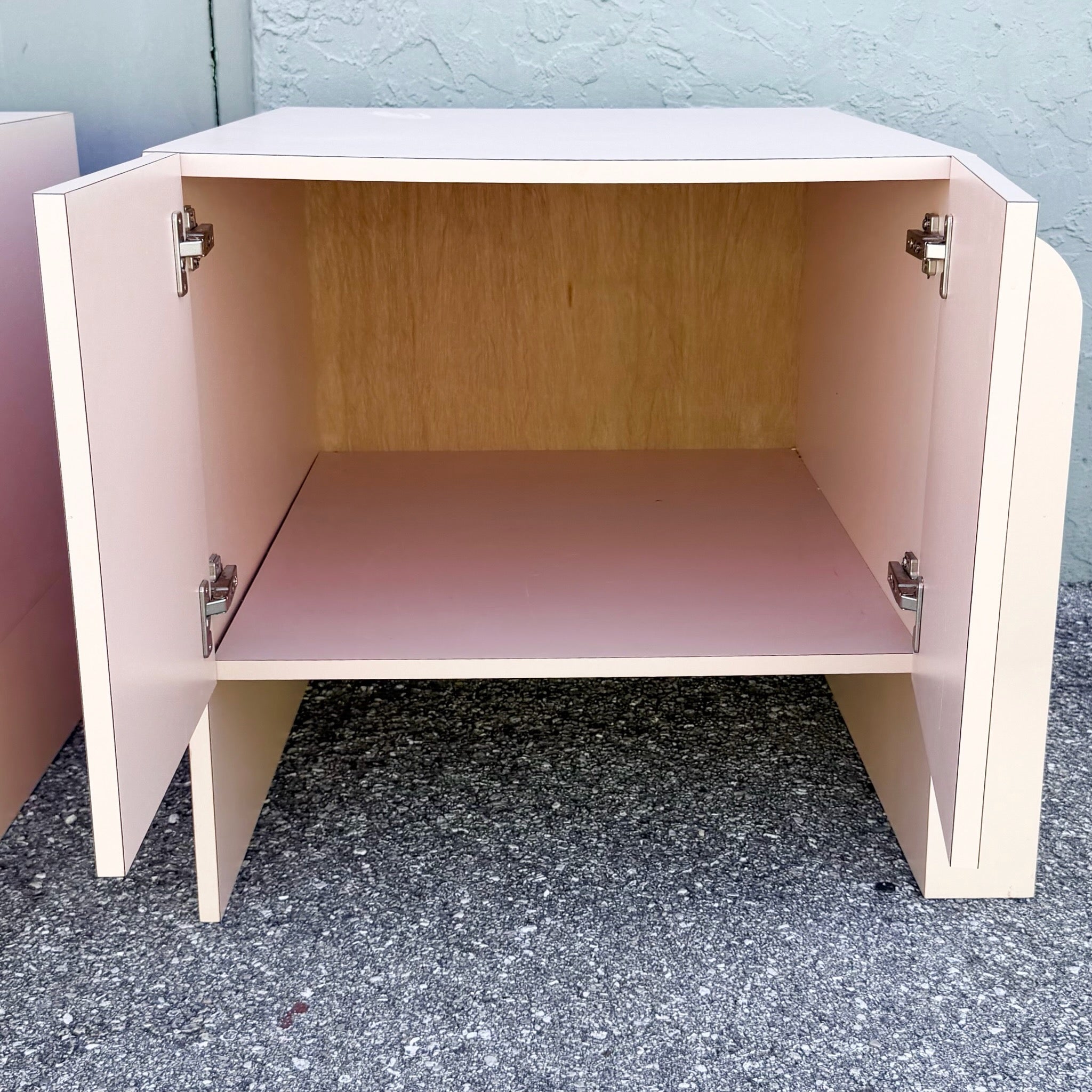 Art Deco Pink Laminate Waterfall Cabinet/Nightstands - A Pair Dolphin & Flamingo