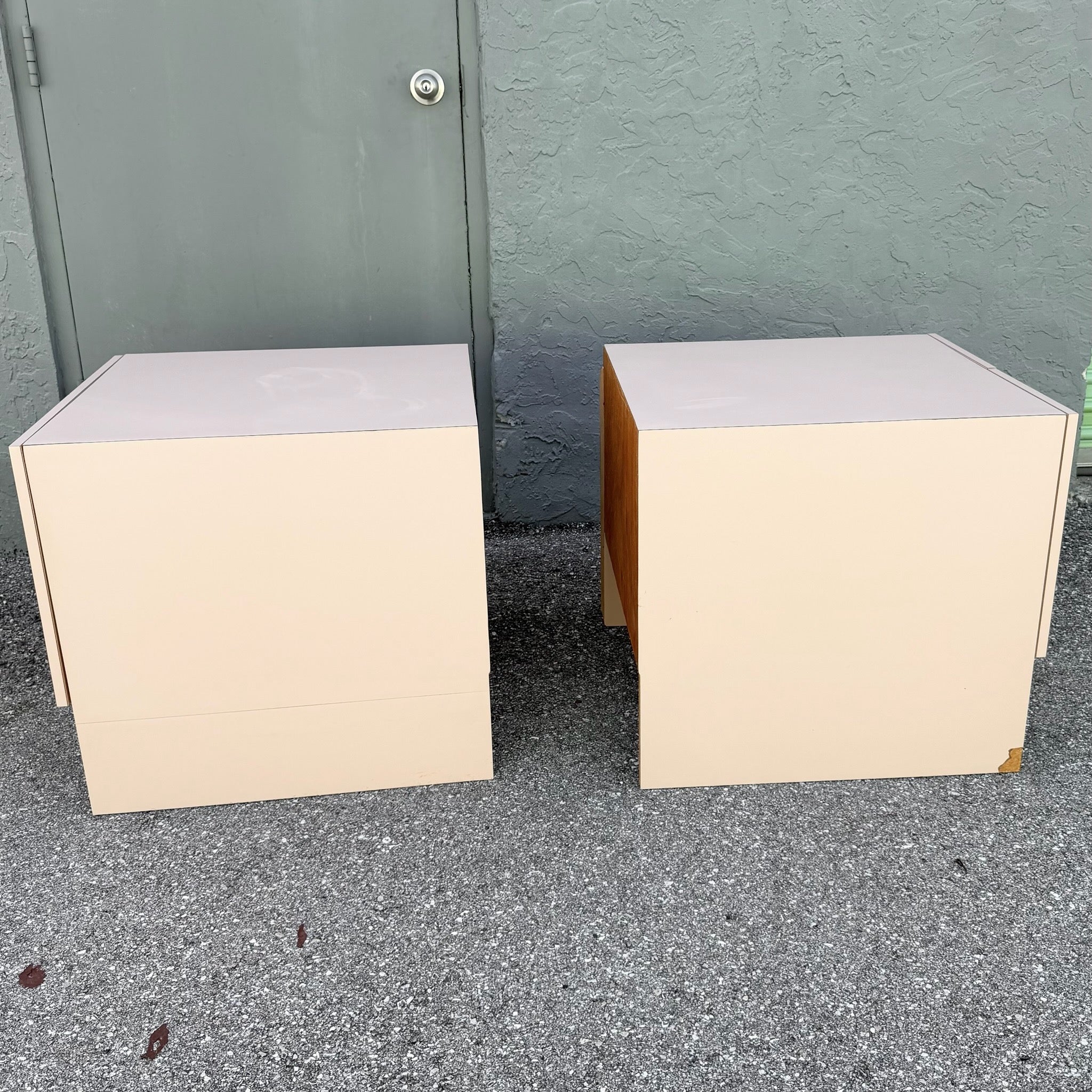 Art Deco Pink Laminate Waterfall Cabinet/Nightstands - A Pair Dolphin & Flamingo