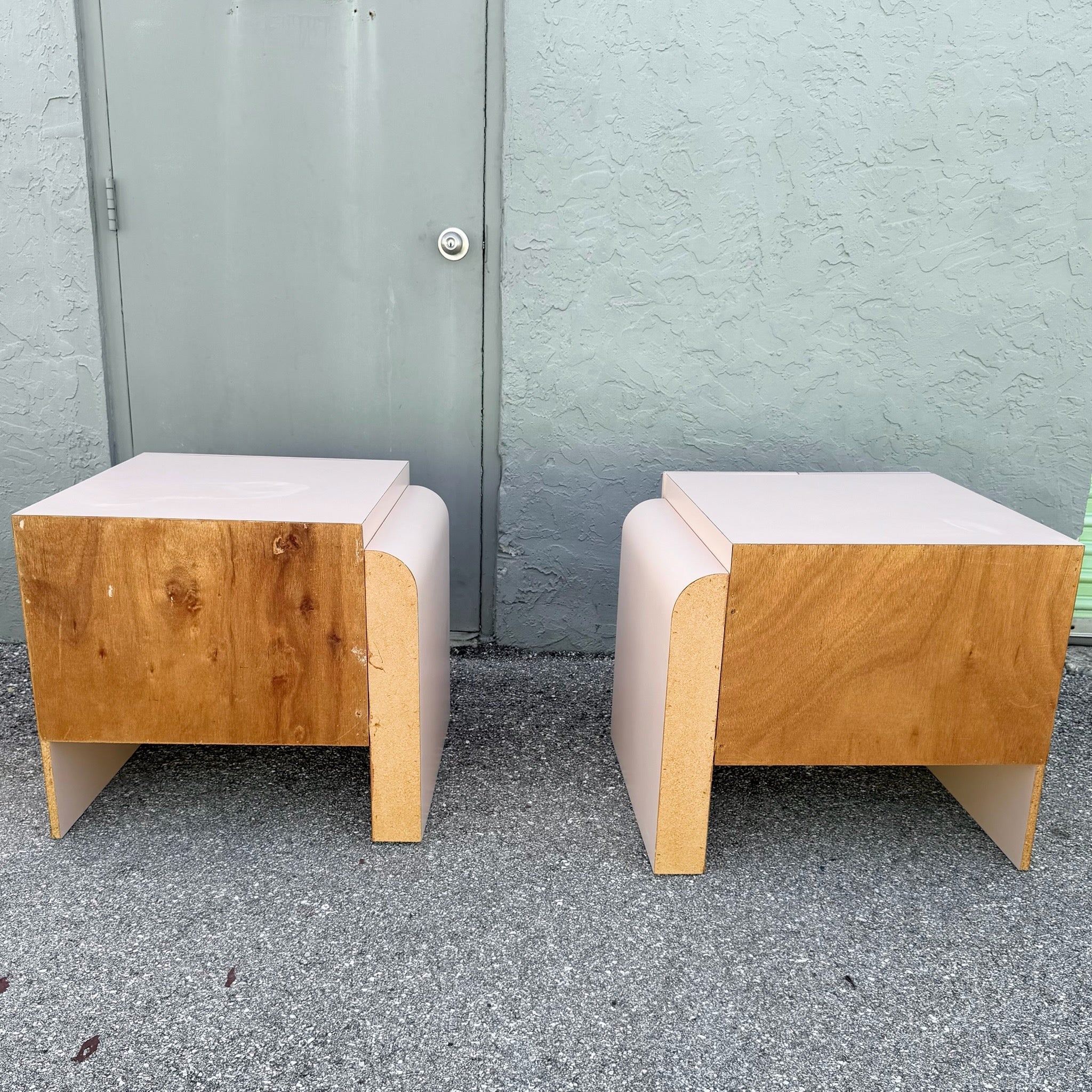 Art Deco Pink Laminate Waterfall Cabinet/Nightstands - A Pair Dolphin & Flamingo