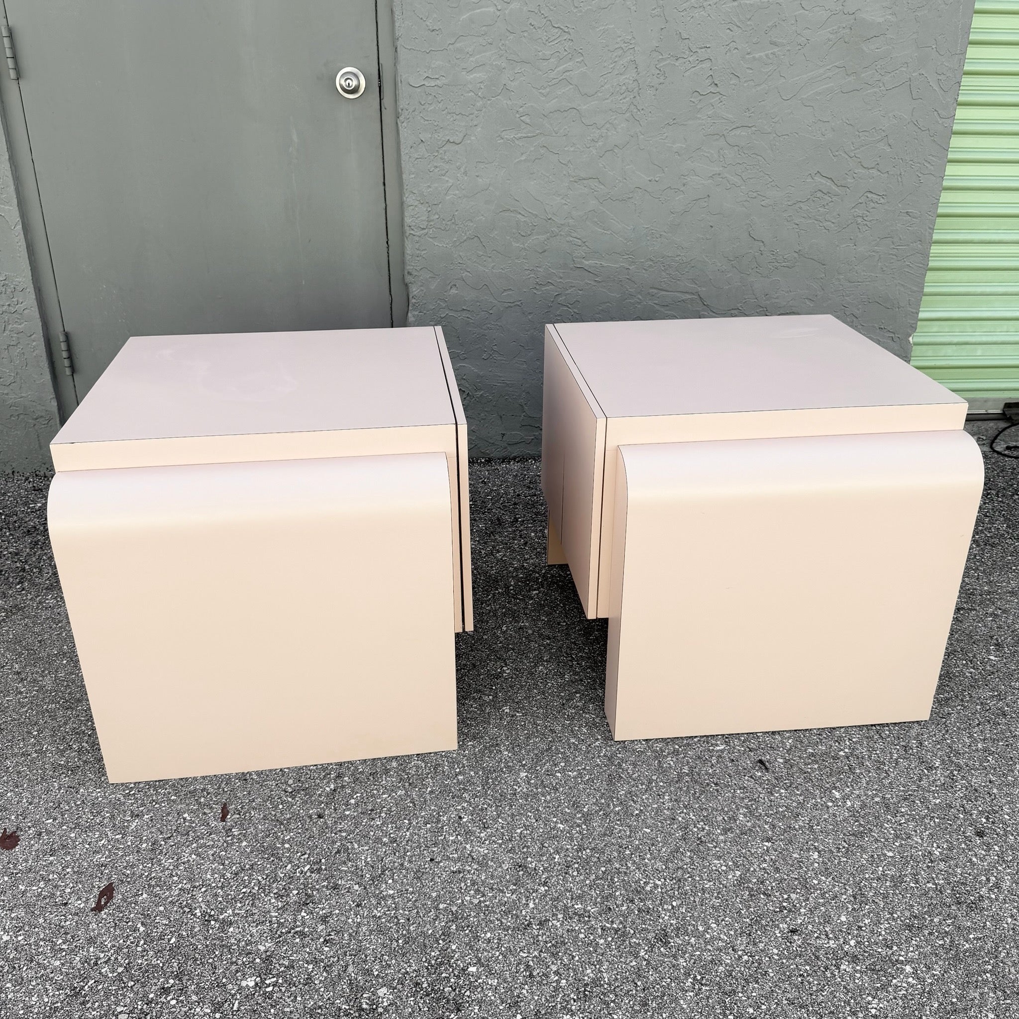 Art Deco Pink Laminate Waterfall Cabinet/Nightstands - A Pair Dolphin & Flamingo