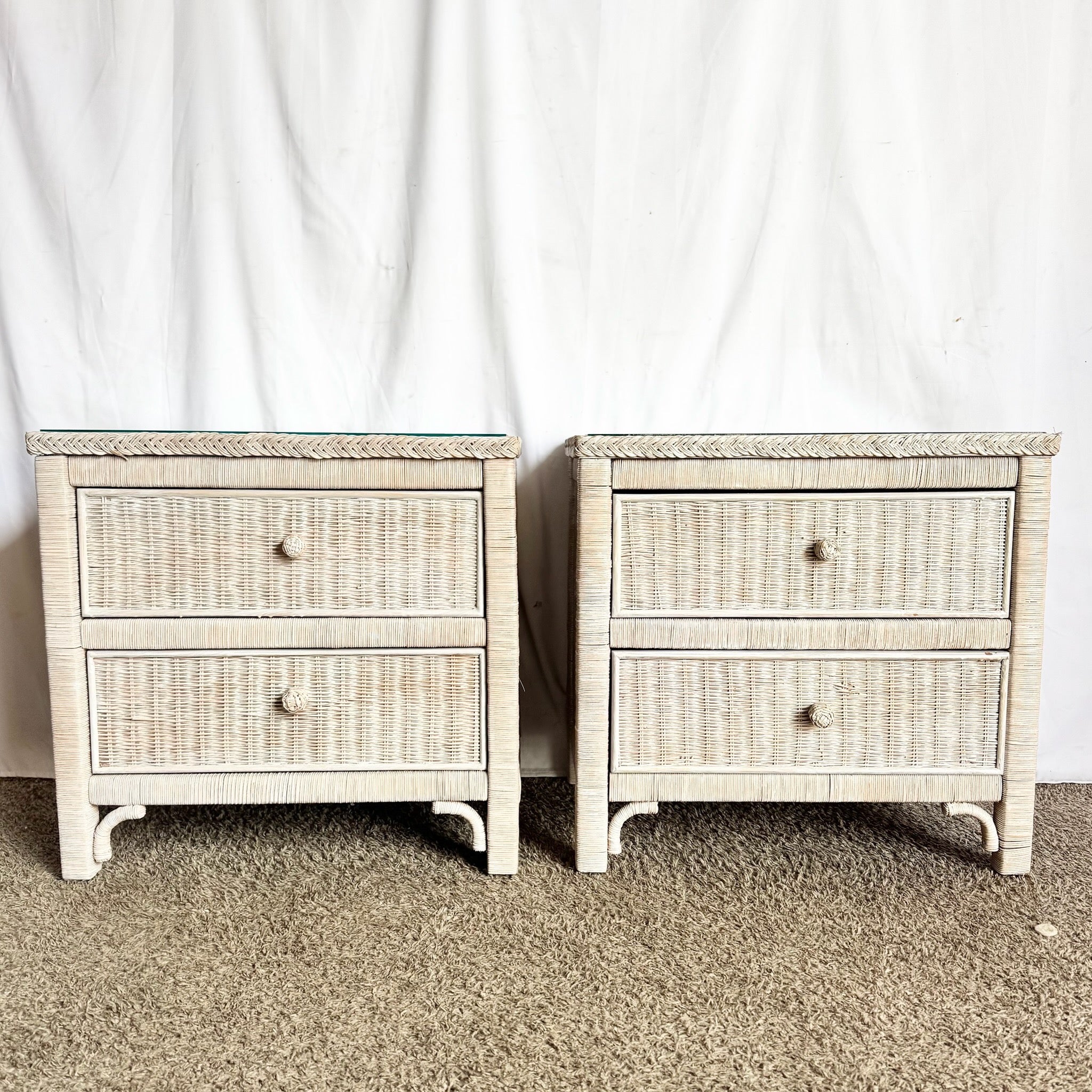 Vintage Boho Chic White Washed Wicker Glass Top Nighstands - A Pair