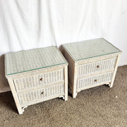 Vintage Boho Chic White Washed Wicker Glass Top Nighstands - A Pair
