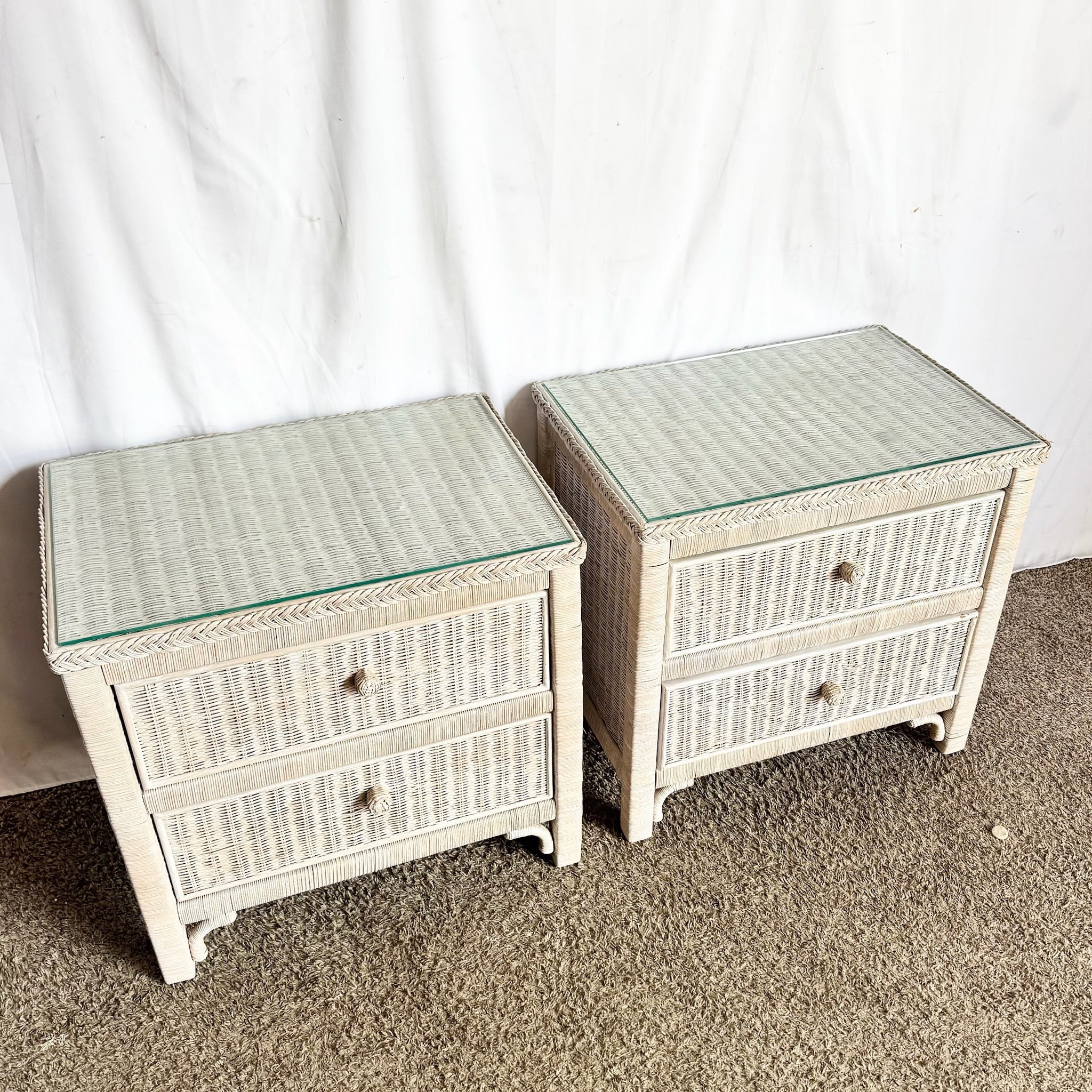 Vintage Boho Chic White Washed Wicker Glass Top Nighstands - A Pair