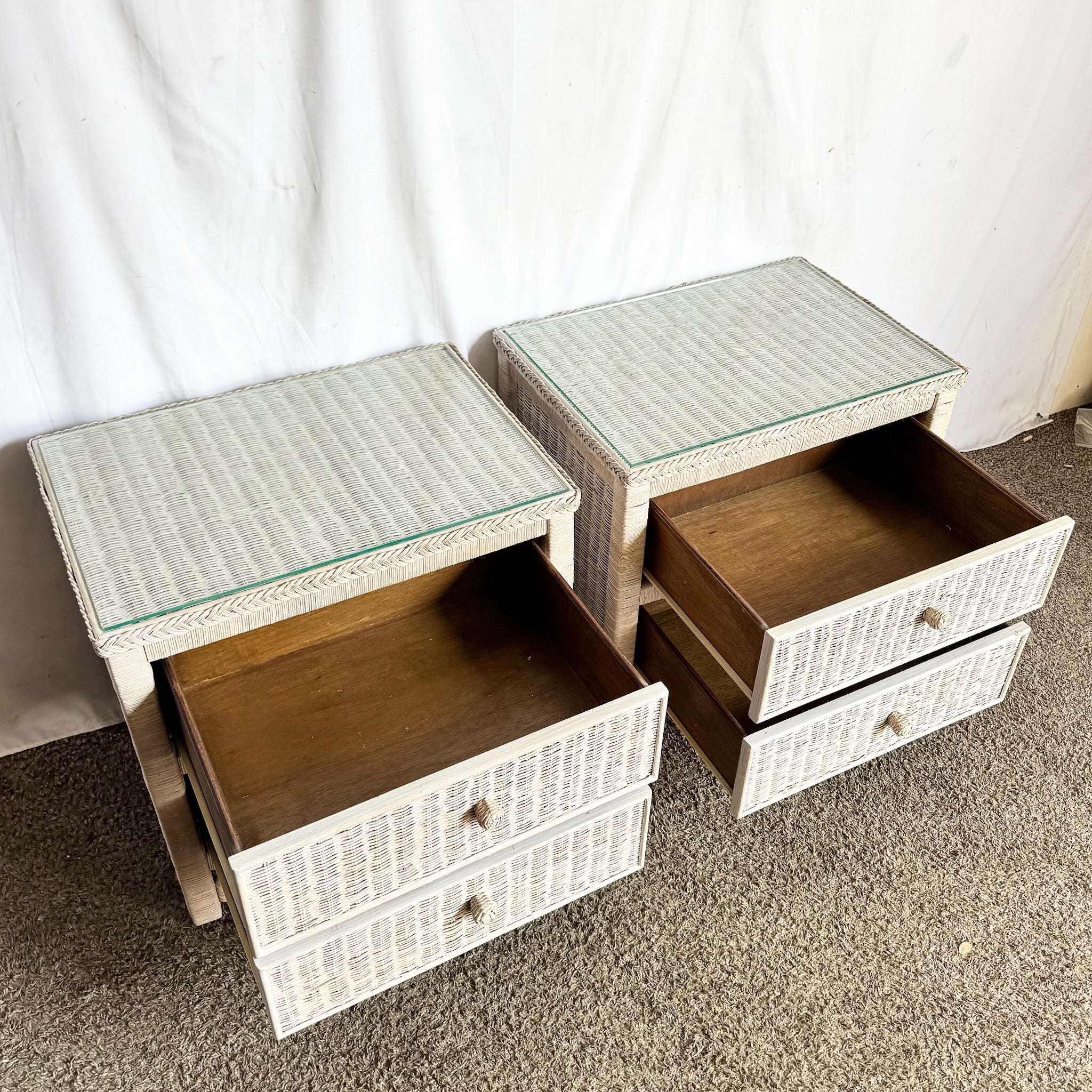 Vintage Boho Chic White Washed Wicker Glass Top Nighstands - A Pair