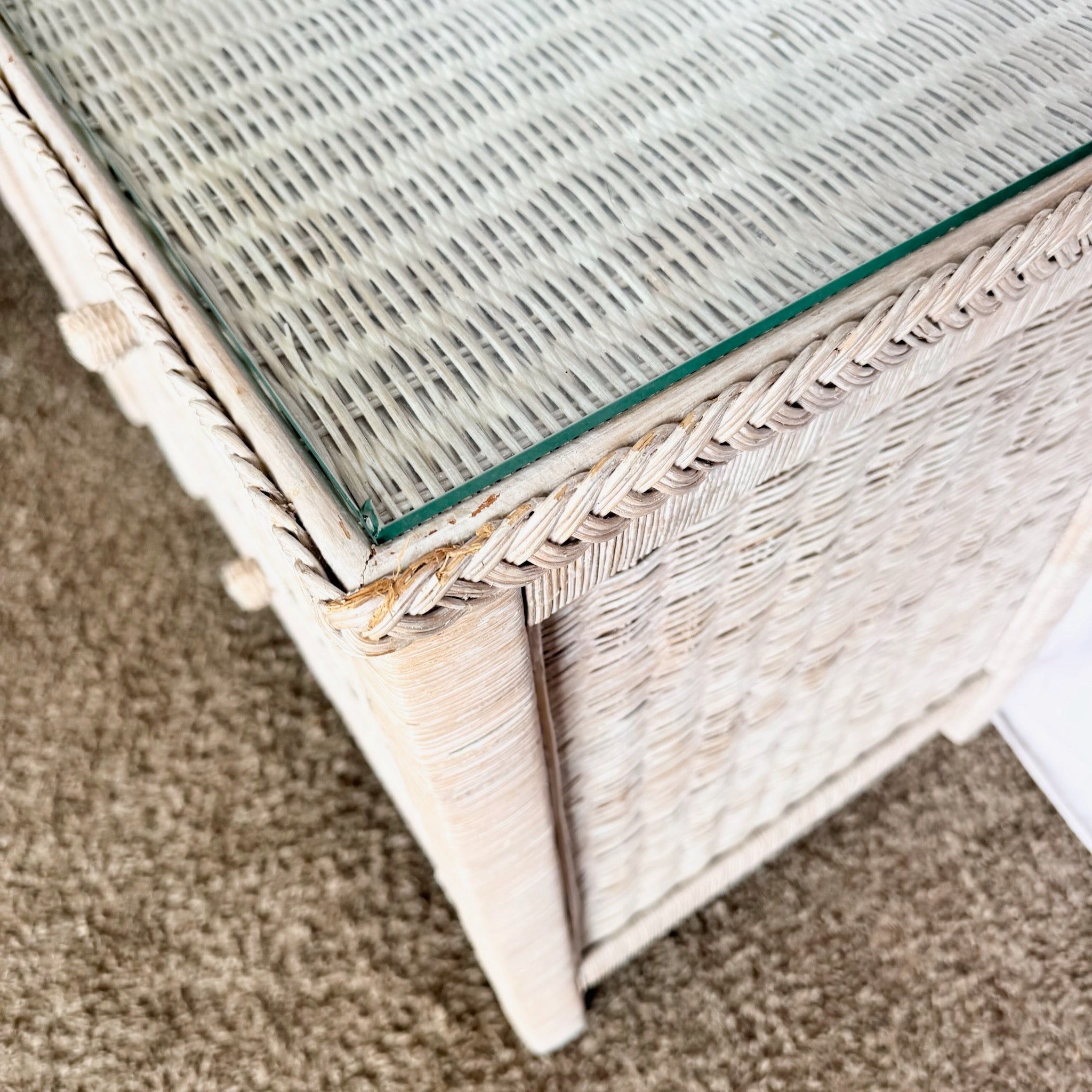 Vintage Boho Chic White Washed Wicker Glass Top Nighstands - A Pair