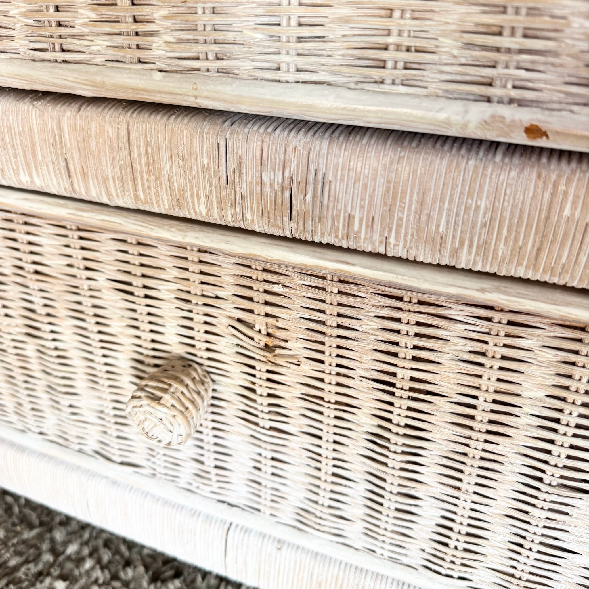 Vintage Boho Chic White Washed Wicker Glass Top Nighstands - A Pair