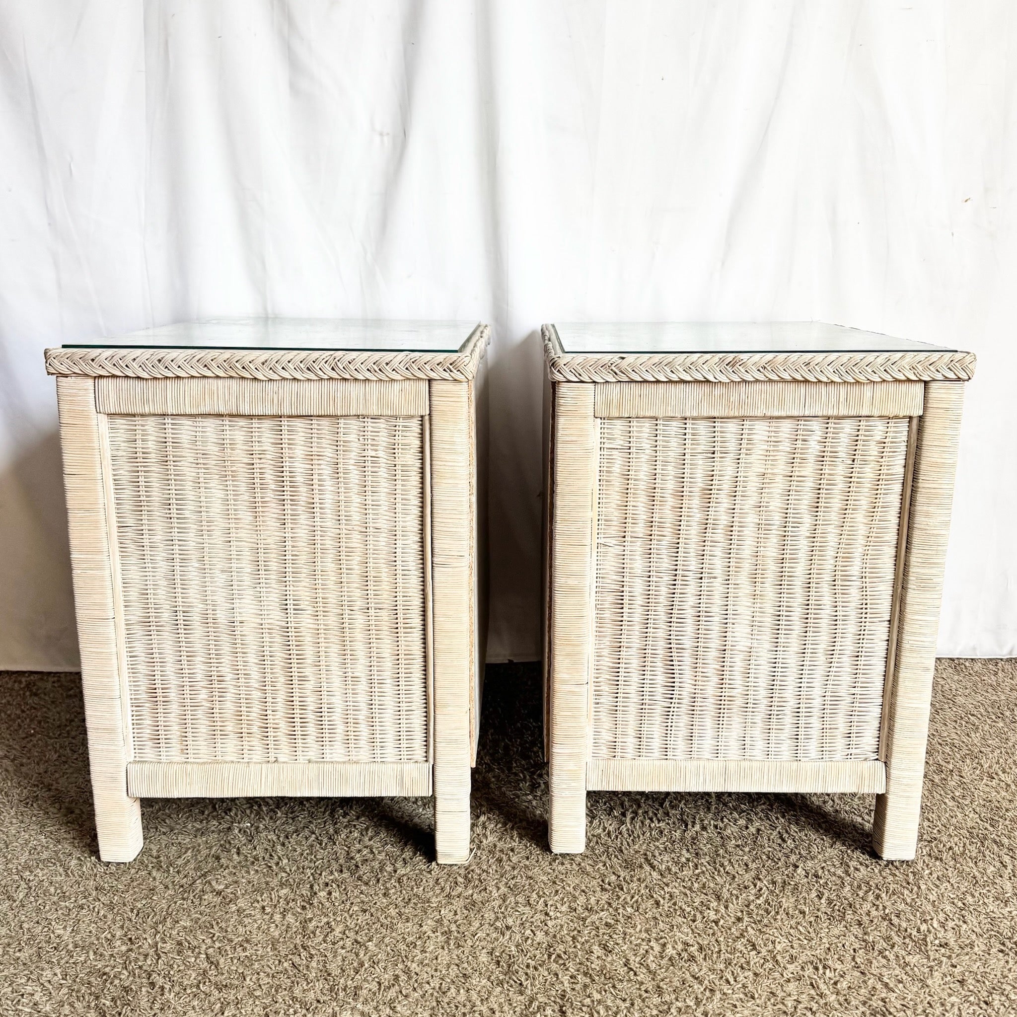 Vintage Boho Chic White Washed Wicker Glass Top Nighstands - A Pair