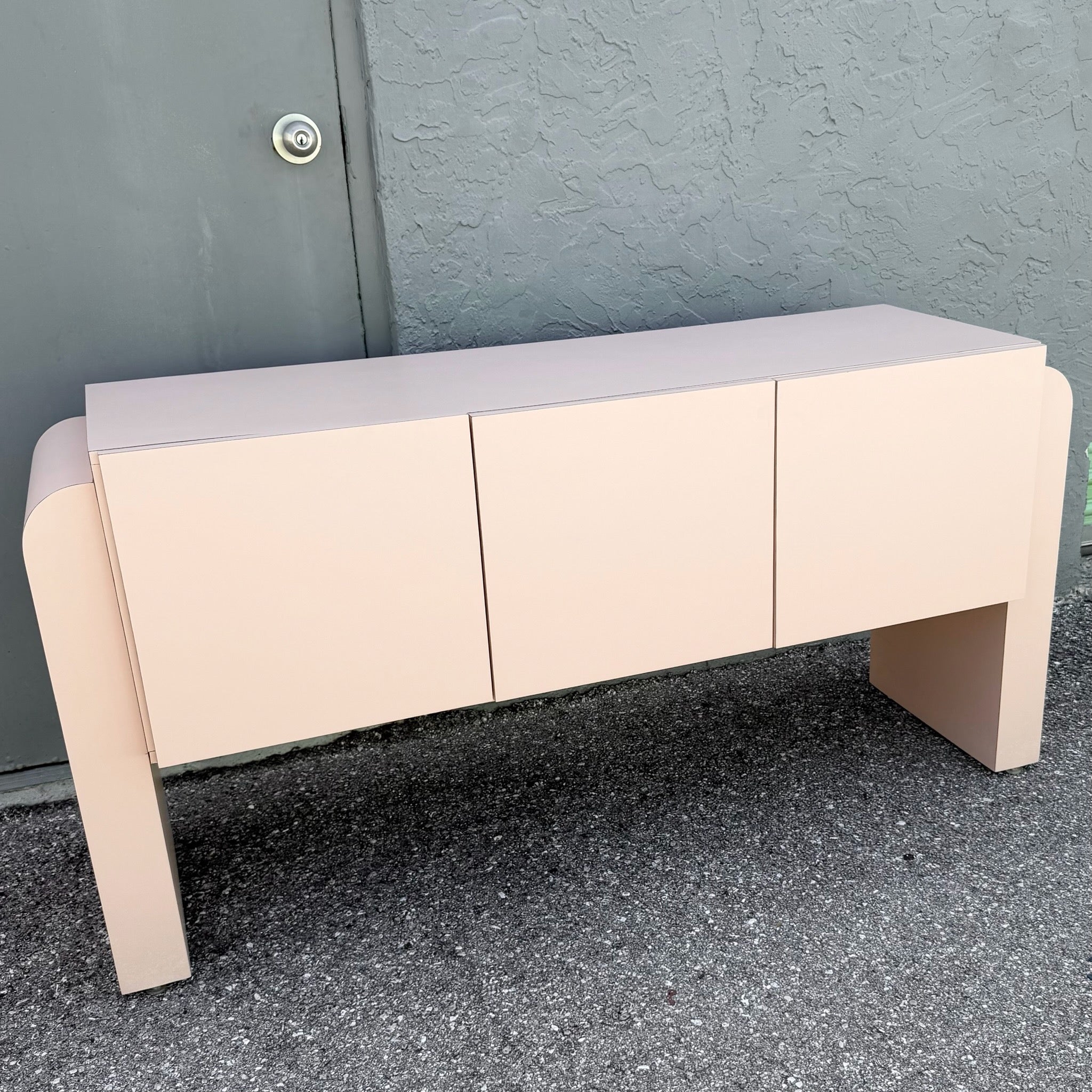 Art Deco Pink Laminate Waterfall Floating Credenza Dolphin & Flamingo