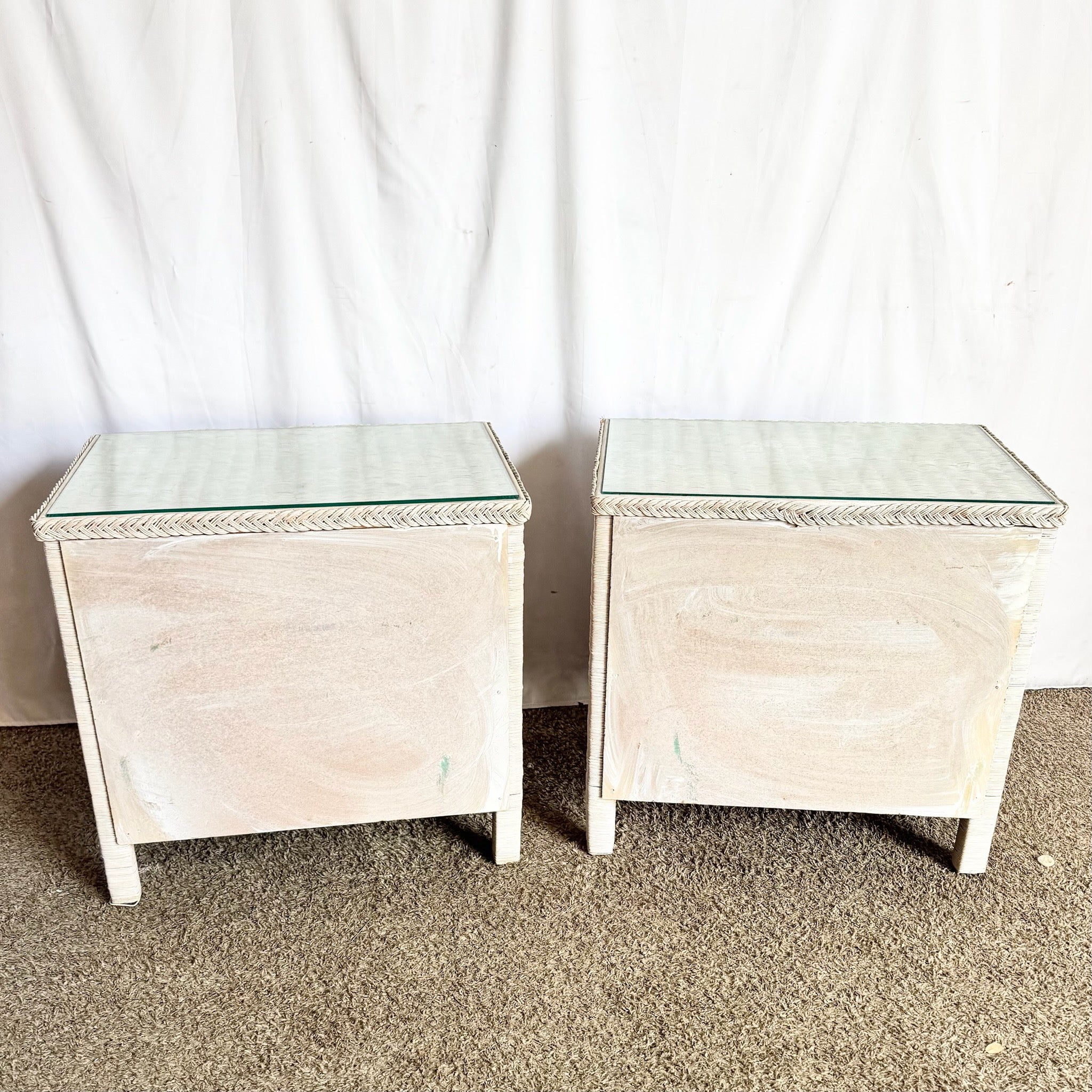 Vintage Boho Chic White Washed Wicker Glass Top Nighstands - A Pair