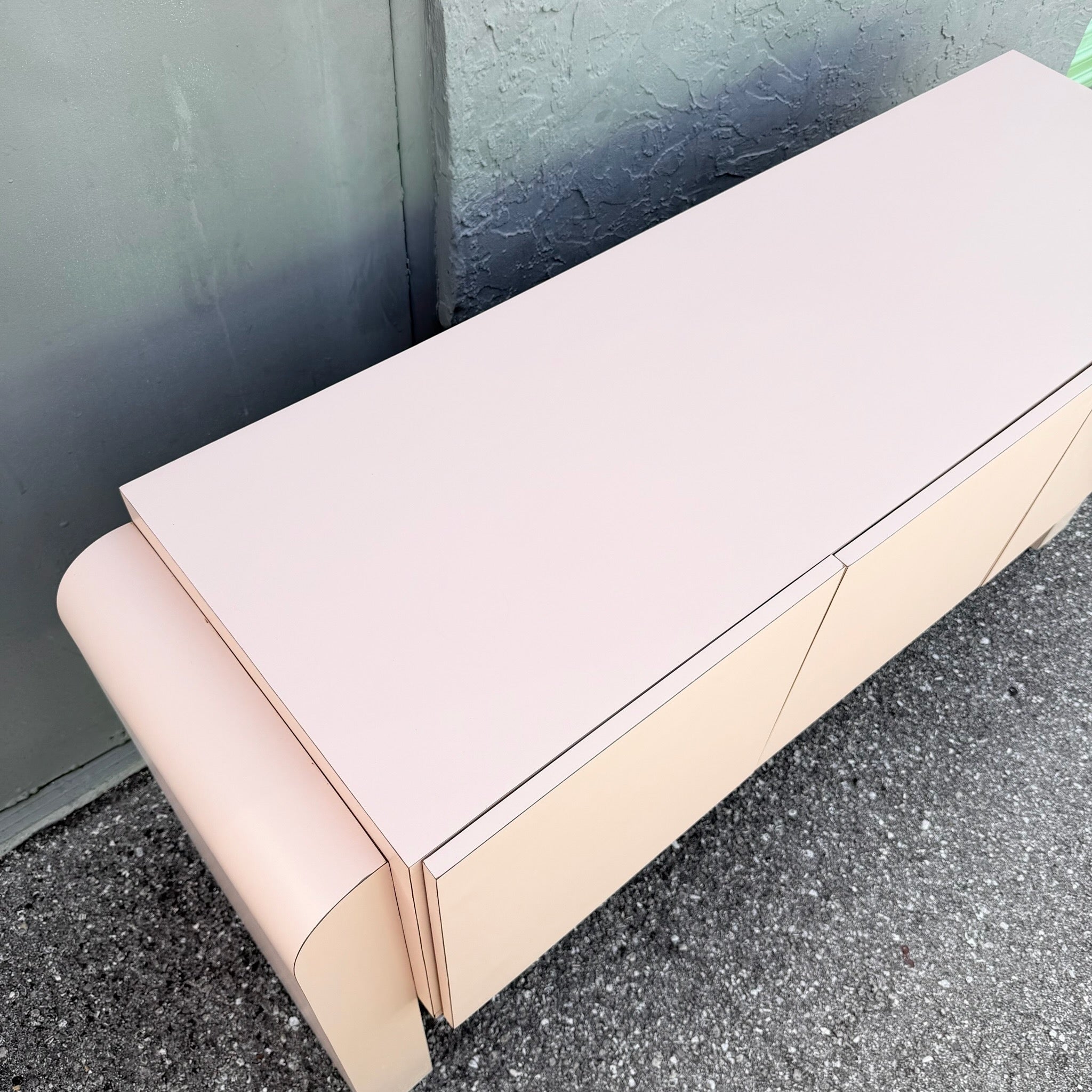 Art Deco Pink Laminate Waterfall Floating Credenza Dolphin & Flamingo