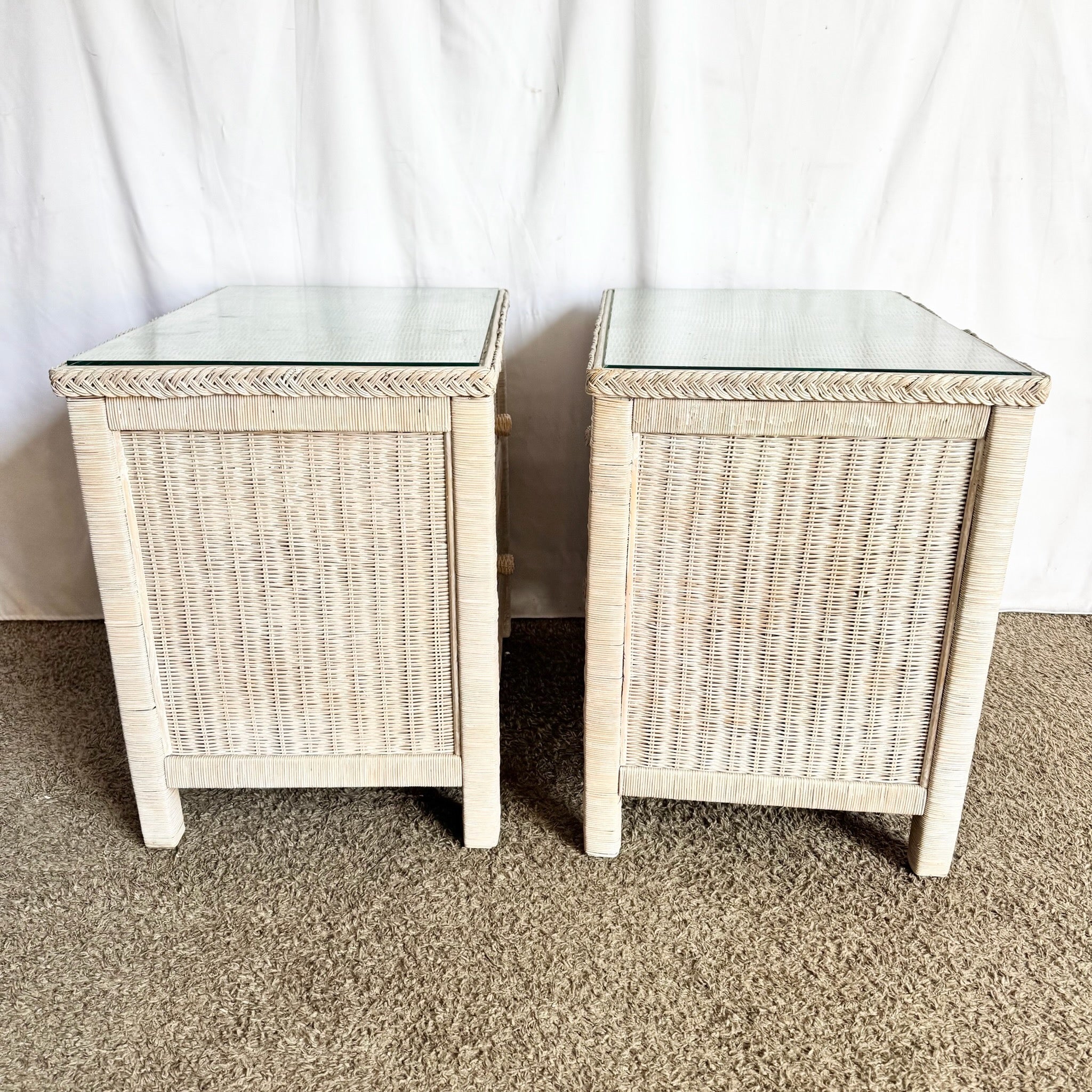Vintage Boho Chic White Washed Wicker Glass Top Nighstands - A Pair