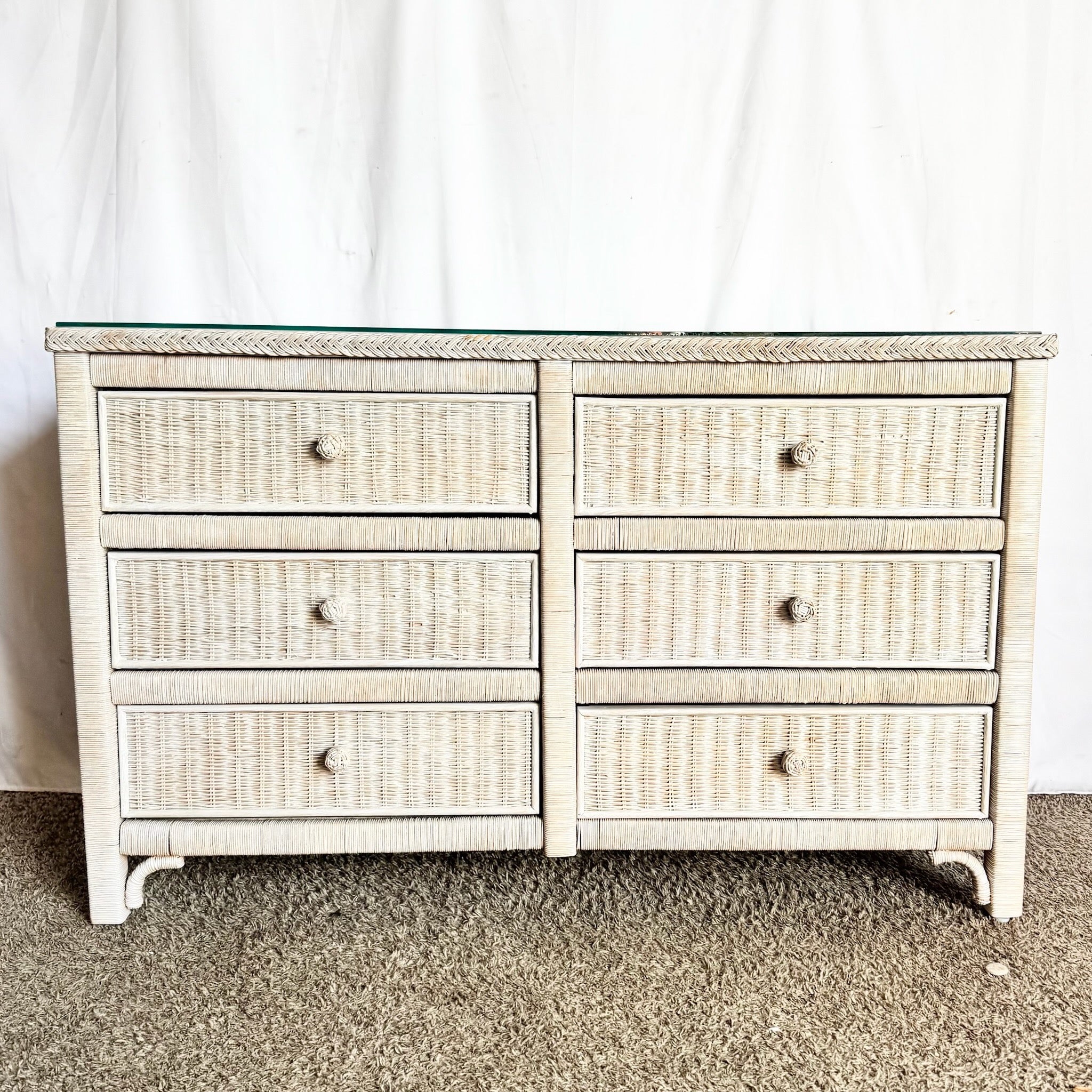 Boho Chic White Washed Wicker Glass Top Dresser