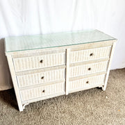 Boho Chic White Washed Wicker Glass Top Dresser