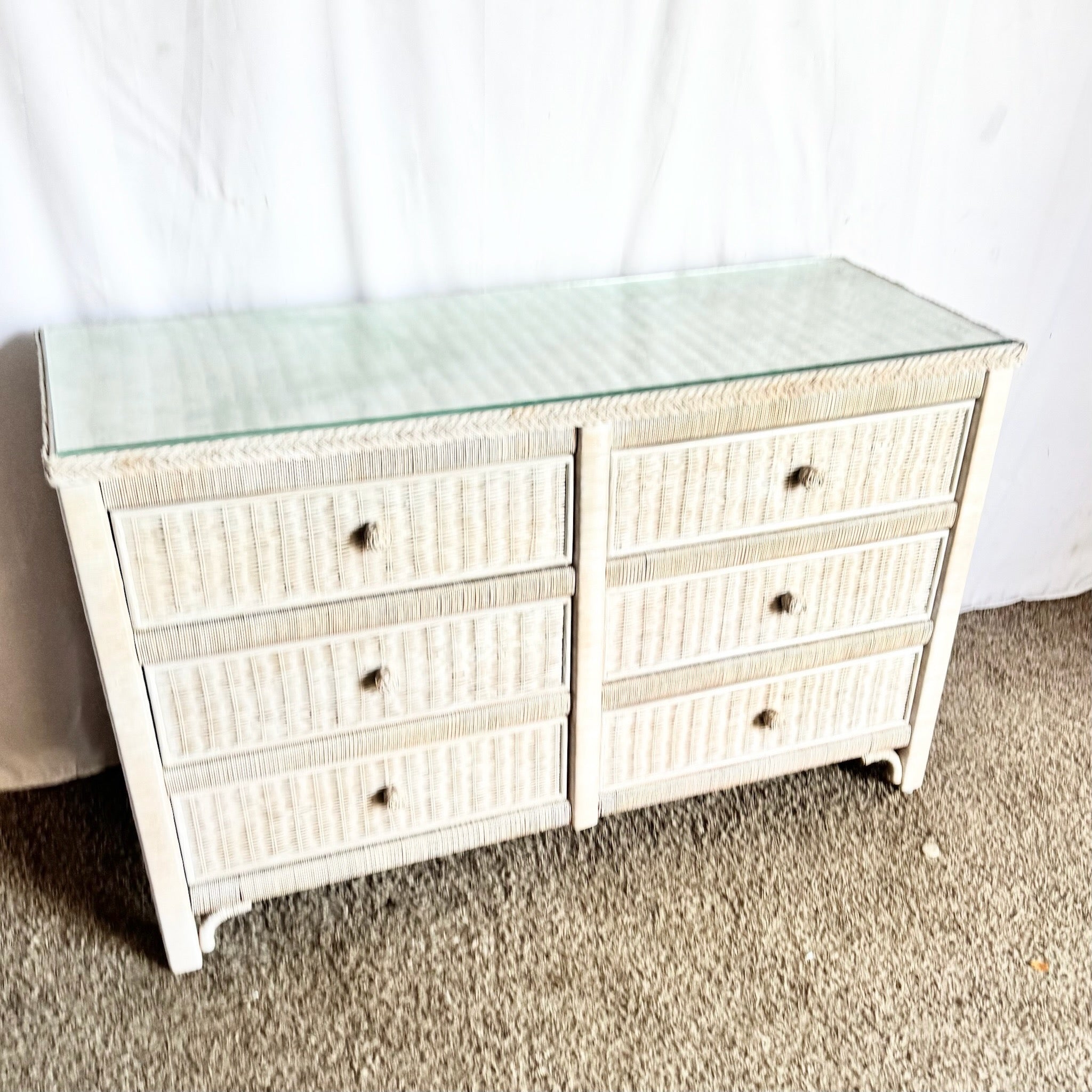 Boho Chic White Washed Wicker Glass Top Dresser
