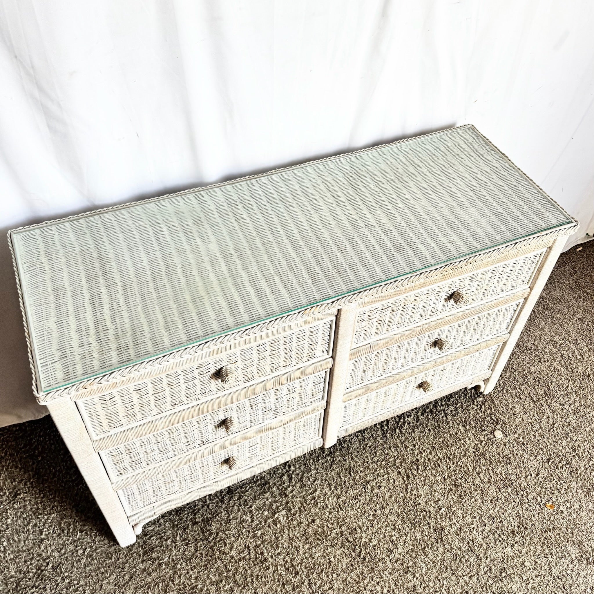 Boho Chic White Washed Wicker Glass Top Dresser