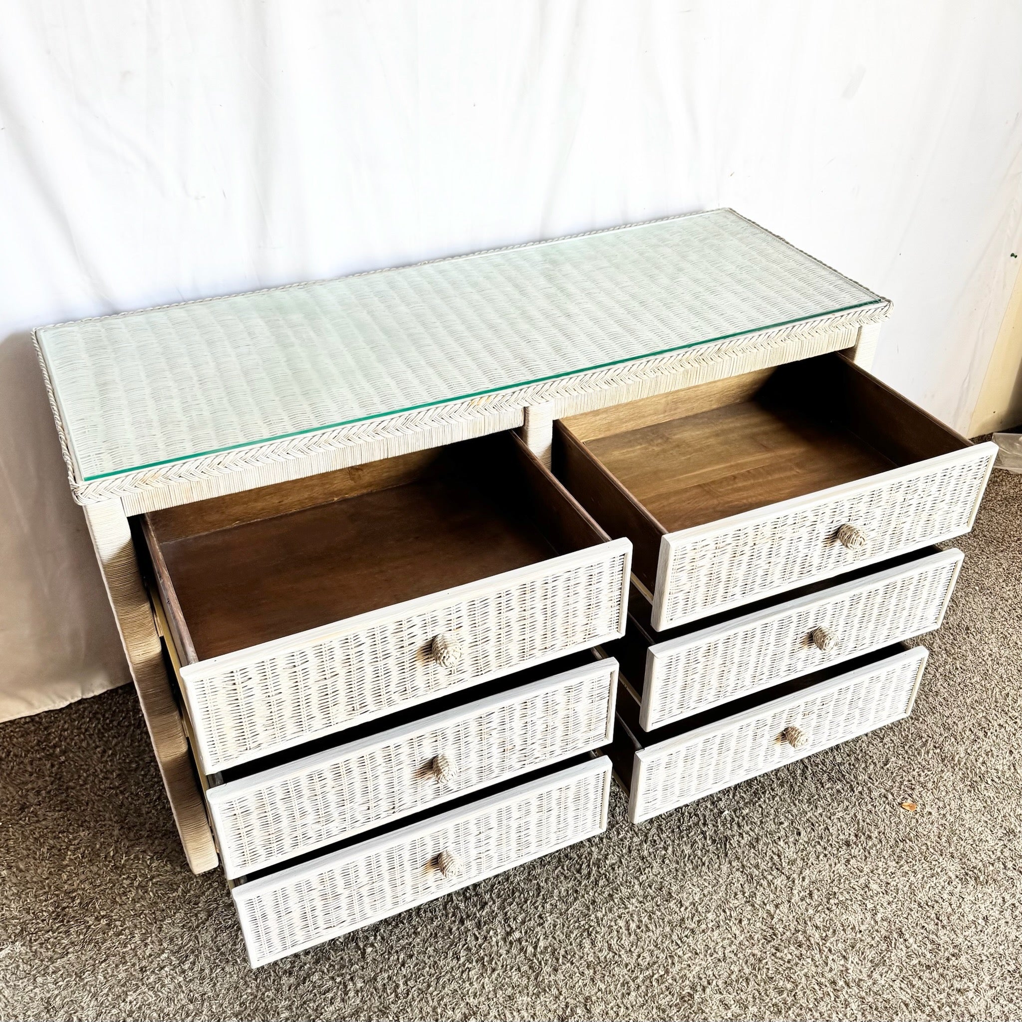 Boho Chic White Washed Wicker Glass Top Dresser