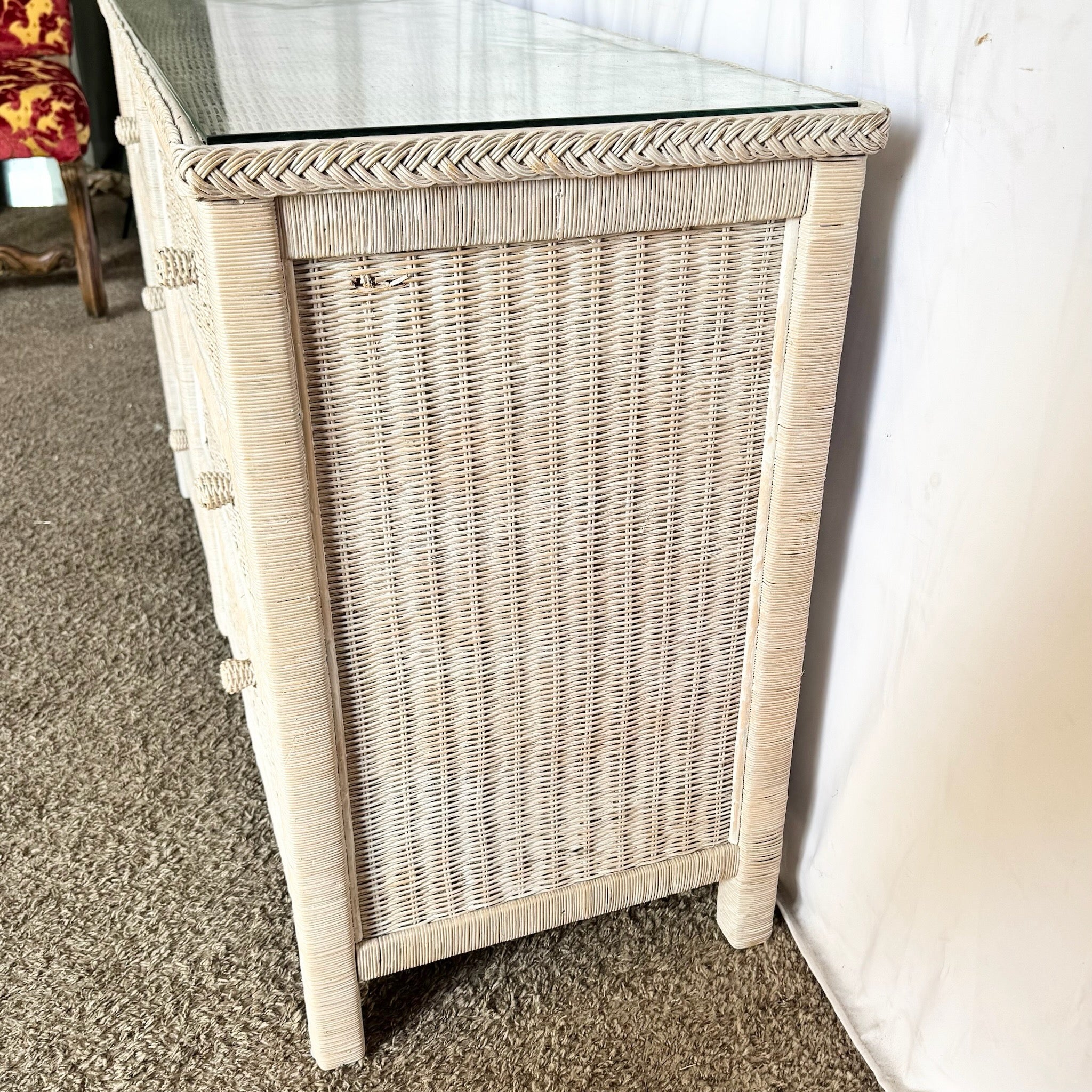 Boho Chic White Washed Wicker Glass Top Dresser