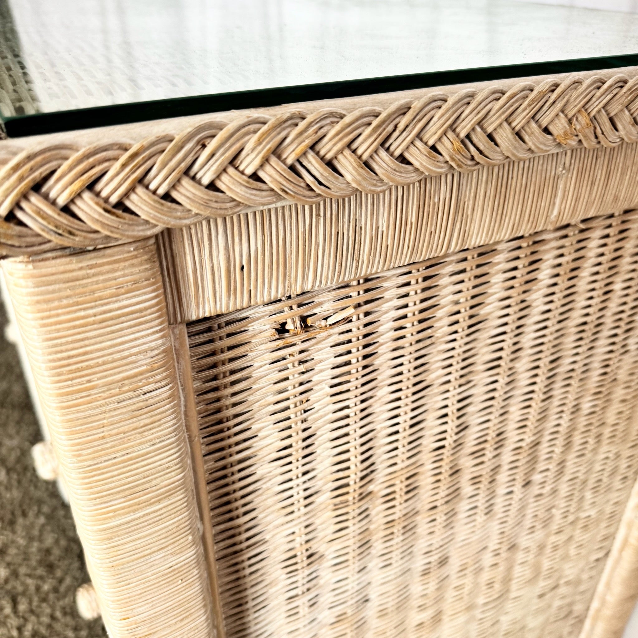 Boho Chic White Washed Wicker Glass Top Dresser