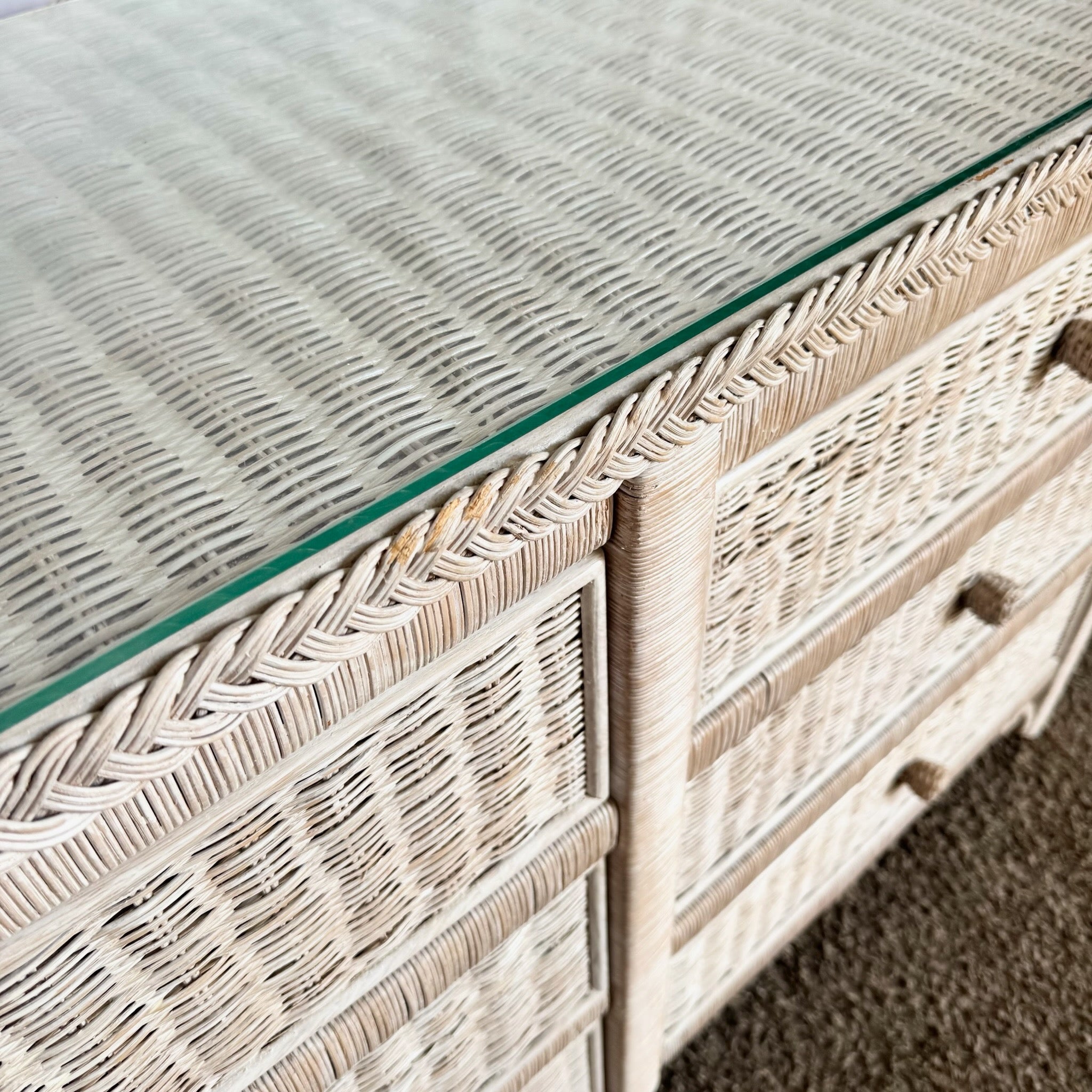 Boho Chic White Washed Wicker Glass Top Dresser
