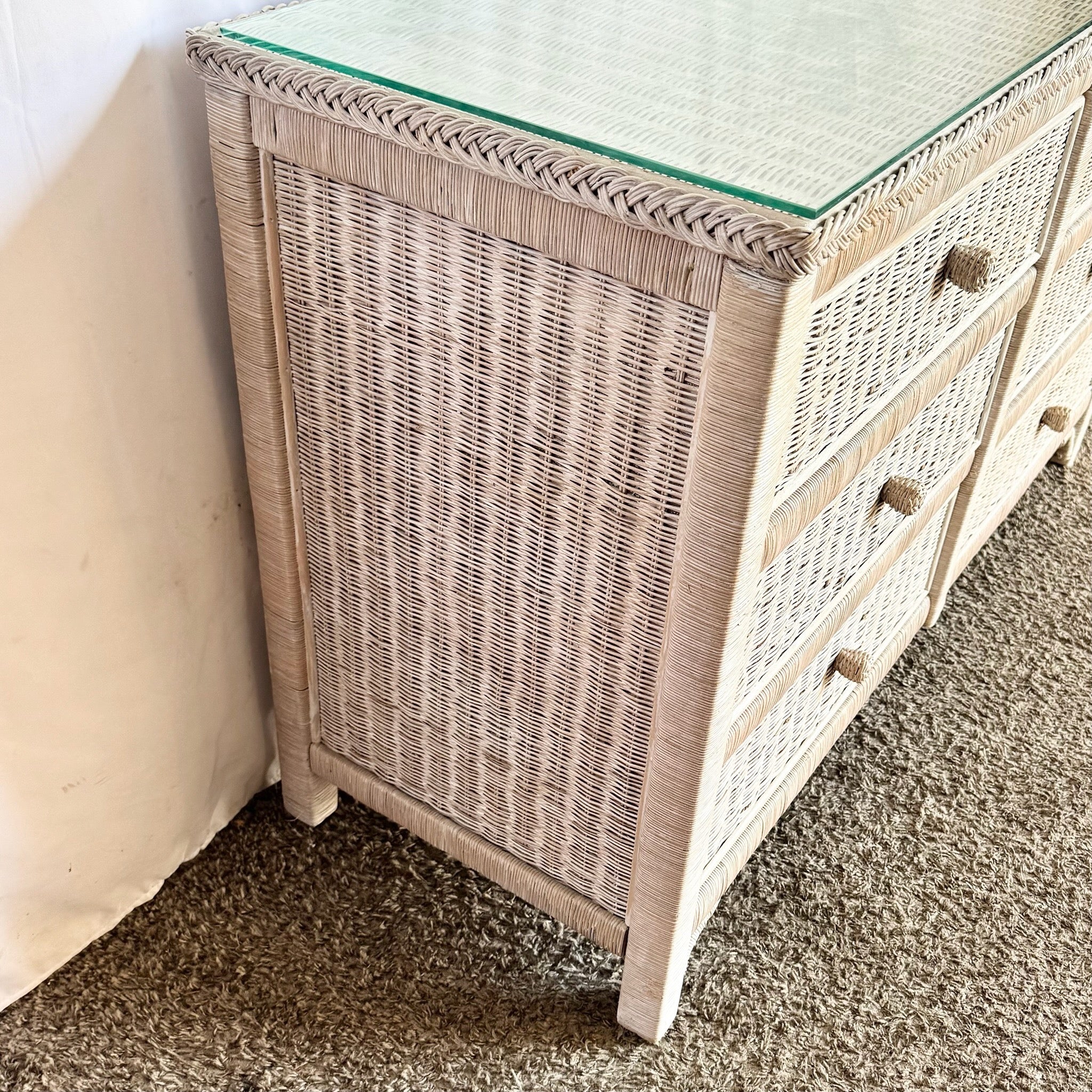 Boho Chic White Washed Wicker Glass Top Dresser