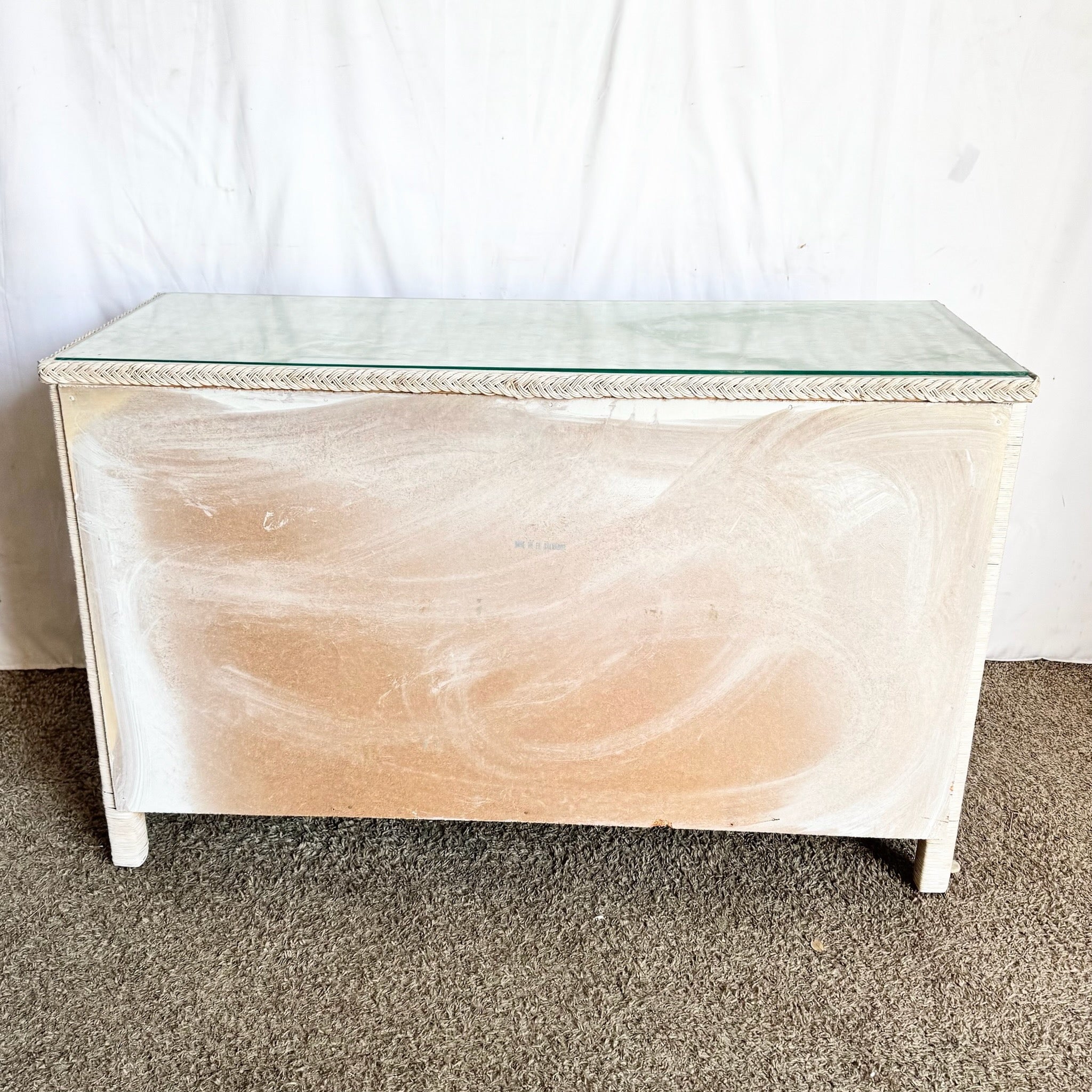 Boho Chic White Washed Wicker Glass Top Dresser
