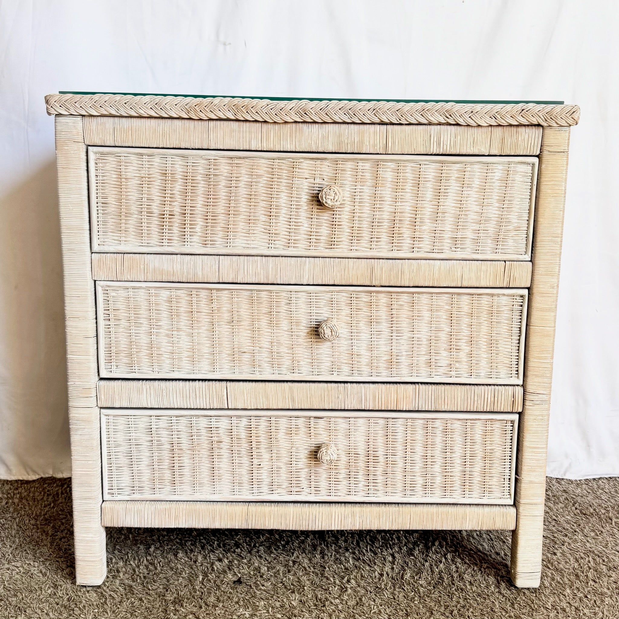 Boho Chic White Washed Wicker Glass Top Chest of Drawers