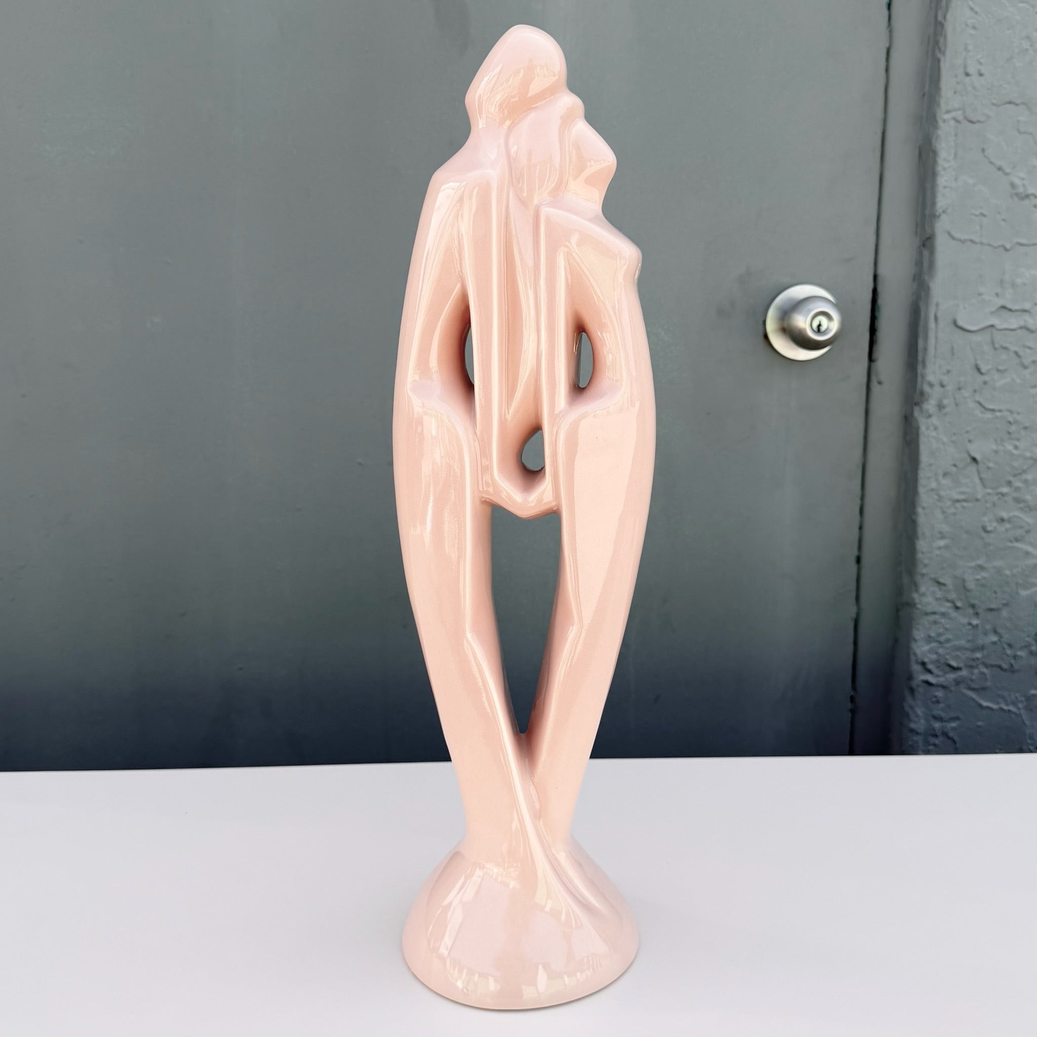 1980s Royal Haeger "Lovers" Pink Gloss Ceramic Statue Dolphin & Flamingo