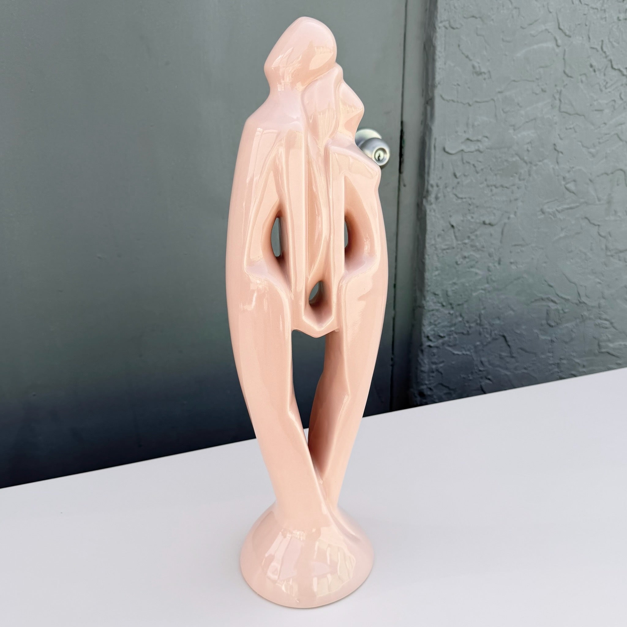 1980s Royal Haeger "Lovers" Pink Gloss Ceramic Statue Dolphin & Flamingo