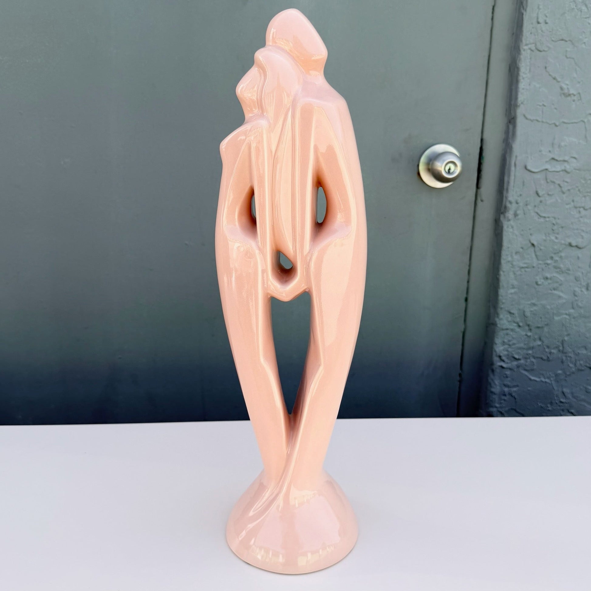 1980s Royal Haeger "Lovers" Pink Gloss Ceramic Statue Dolphin & Flamingo