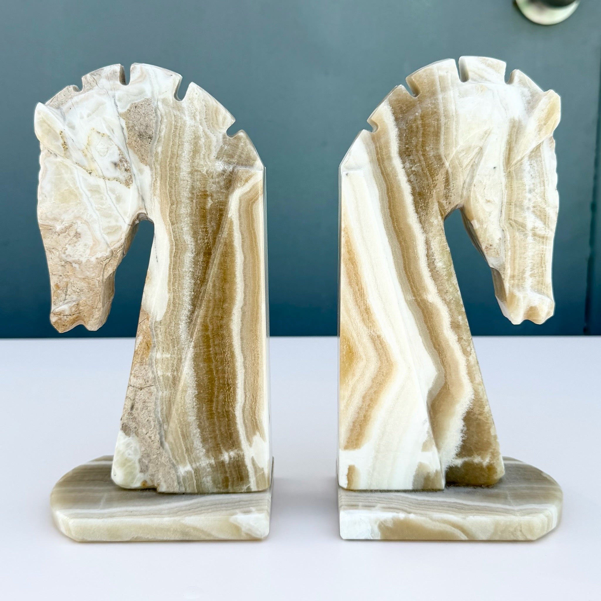 Mid-Century Modern Hand-Carved Banded Onyx Marble Horse Head Bookends Dolphin & Flamingo