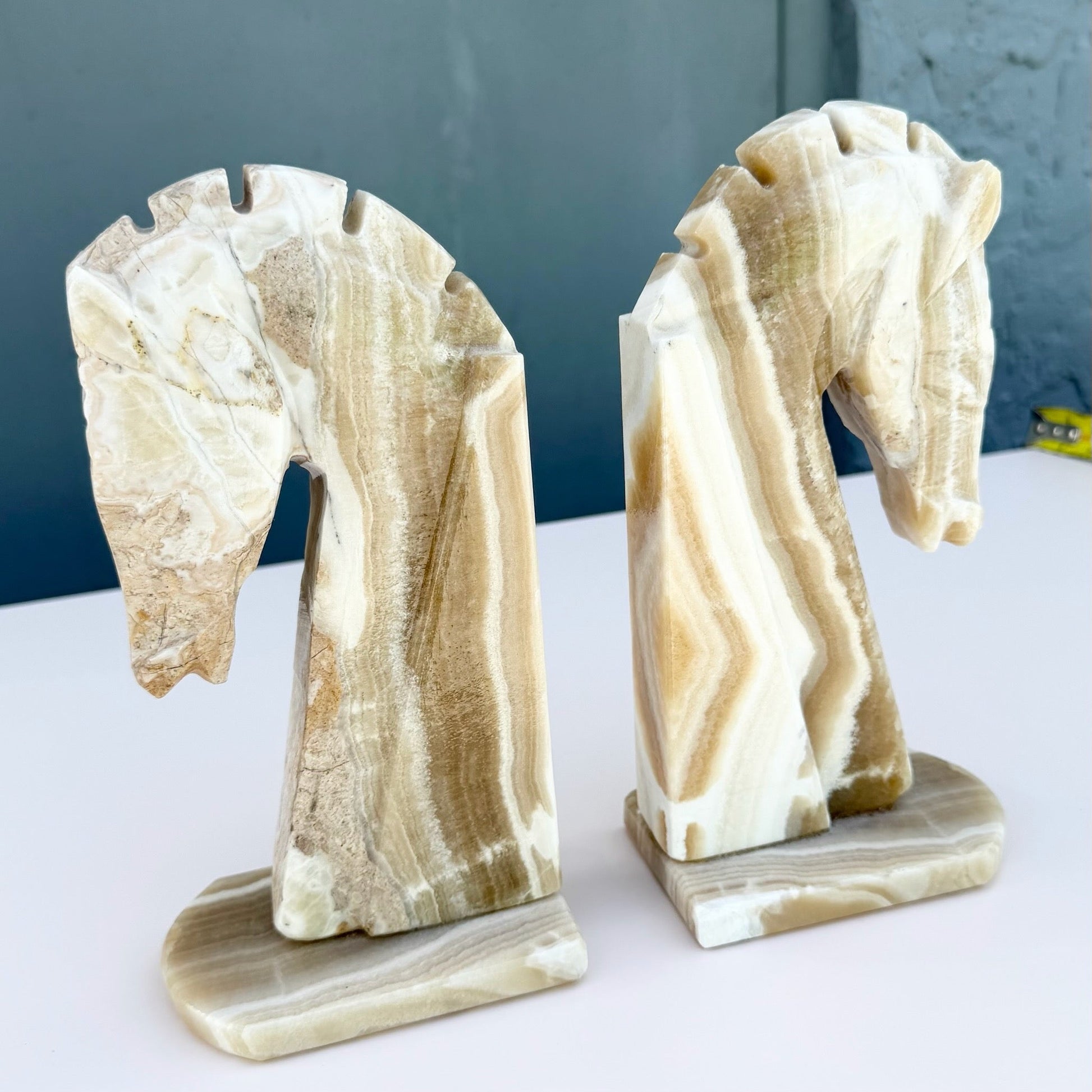 Mid-Century Modern Hand-Carved Banded Onyx Marble Horse Head Bookends Dolphin & Flamingo