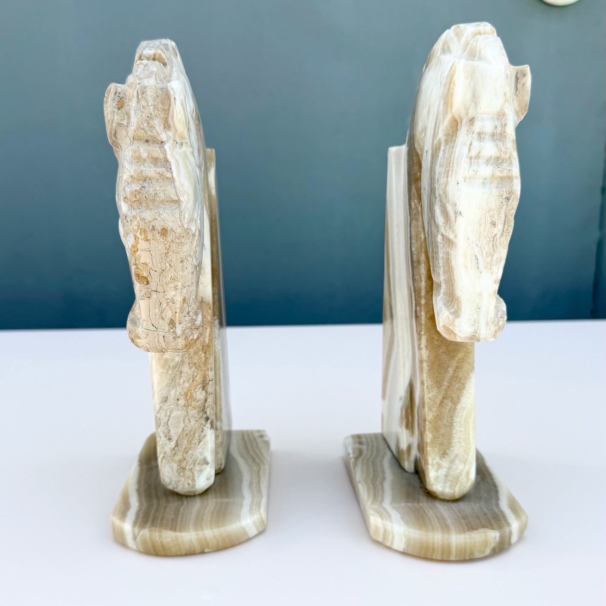 Mid-Century Modern Hand-Carved Banded Onyx Marble Horse Head Bookends Dolphin & Flamingo