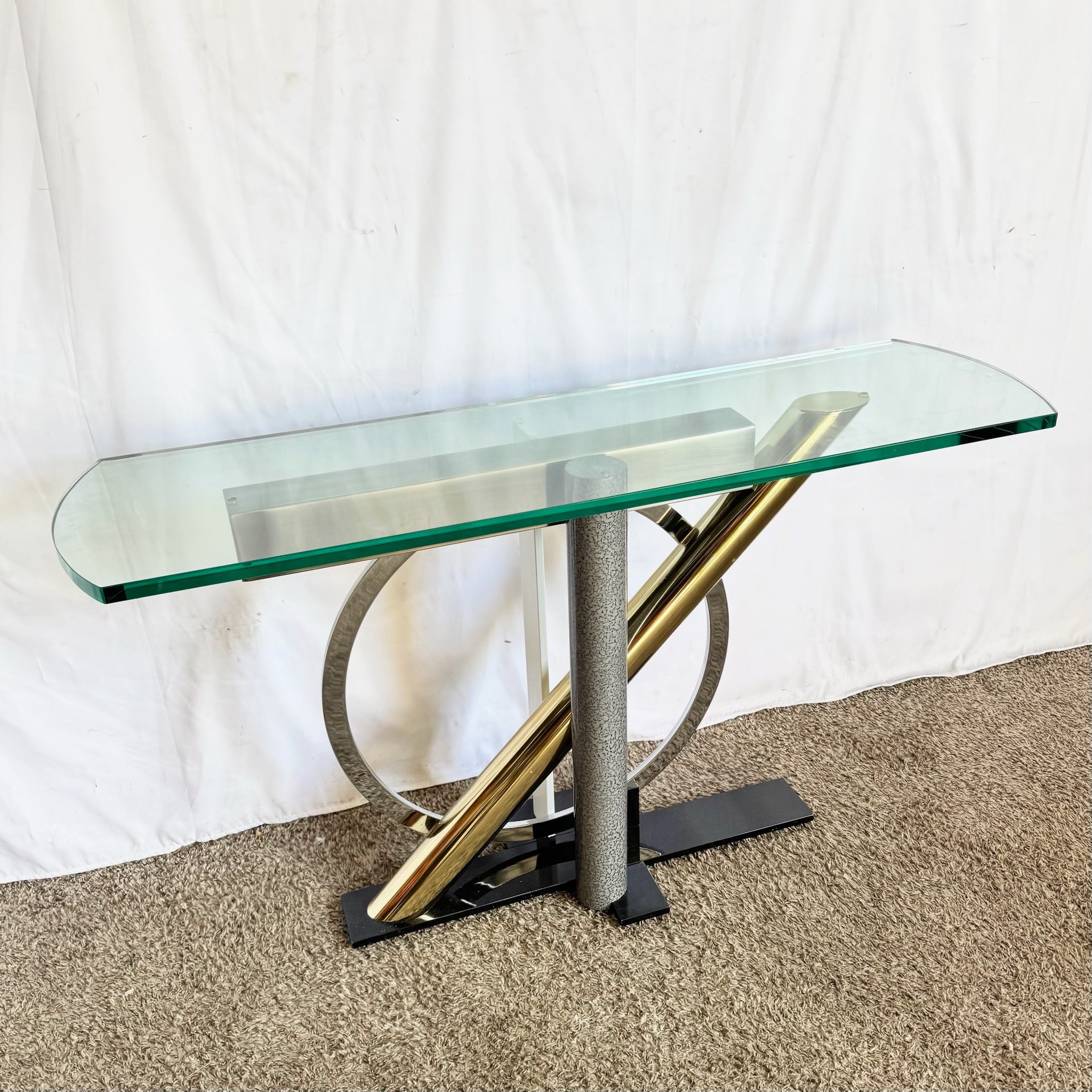 Postmodern Mixed-Metal and Glass Console Table by Kaizo Oto for Design Institute of America