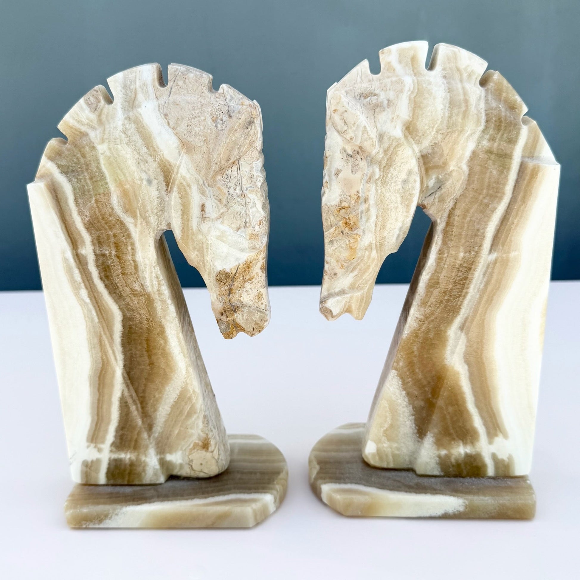 Mid-Century Modern Hand-Carved Banded Onyx Marble Horse Head Bookends Dolphin & Flamingo